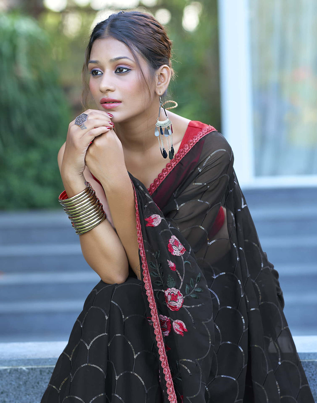 Black Georgette Sequence Embroidery Saree