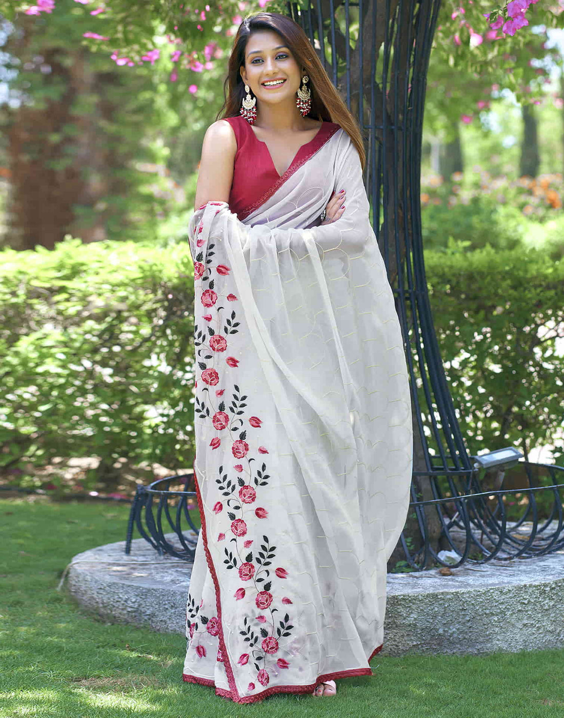 White Georgette Sequence Embroidery Saree