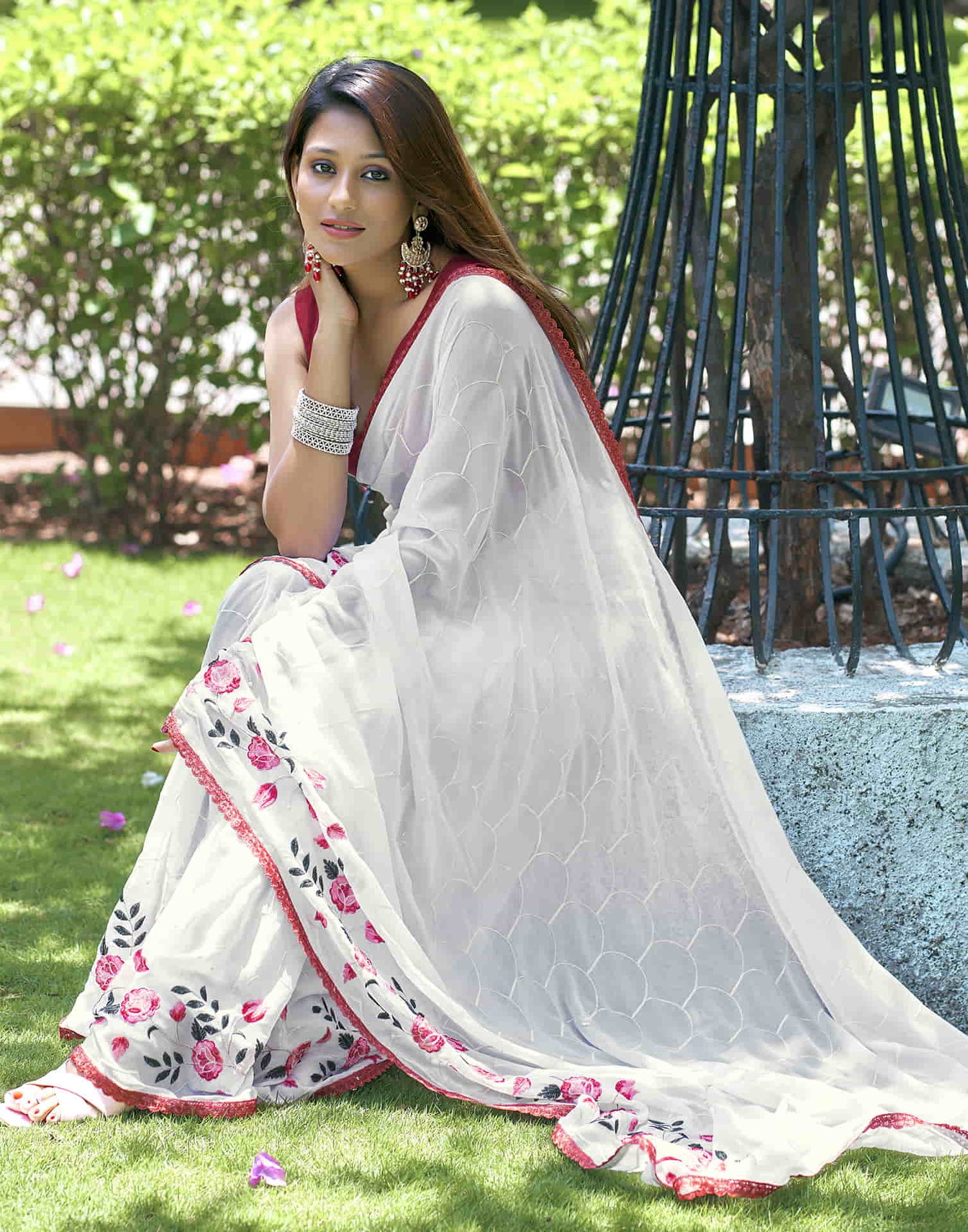 White Georgette Sequence Embroidery Saree