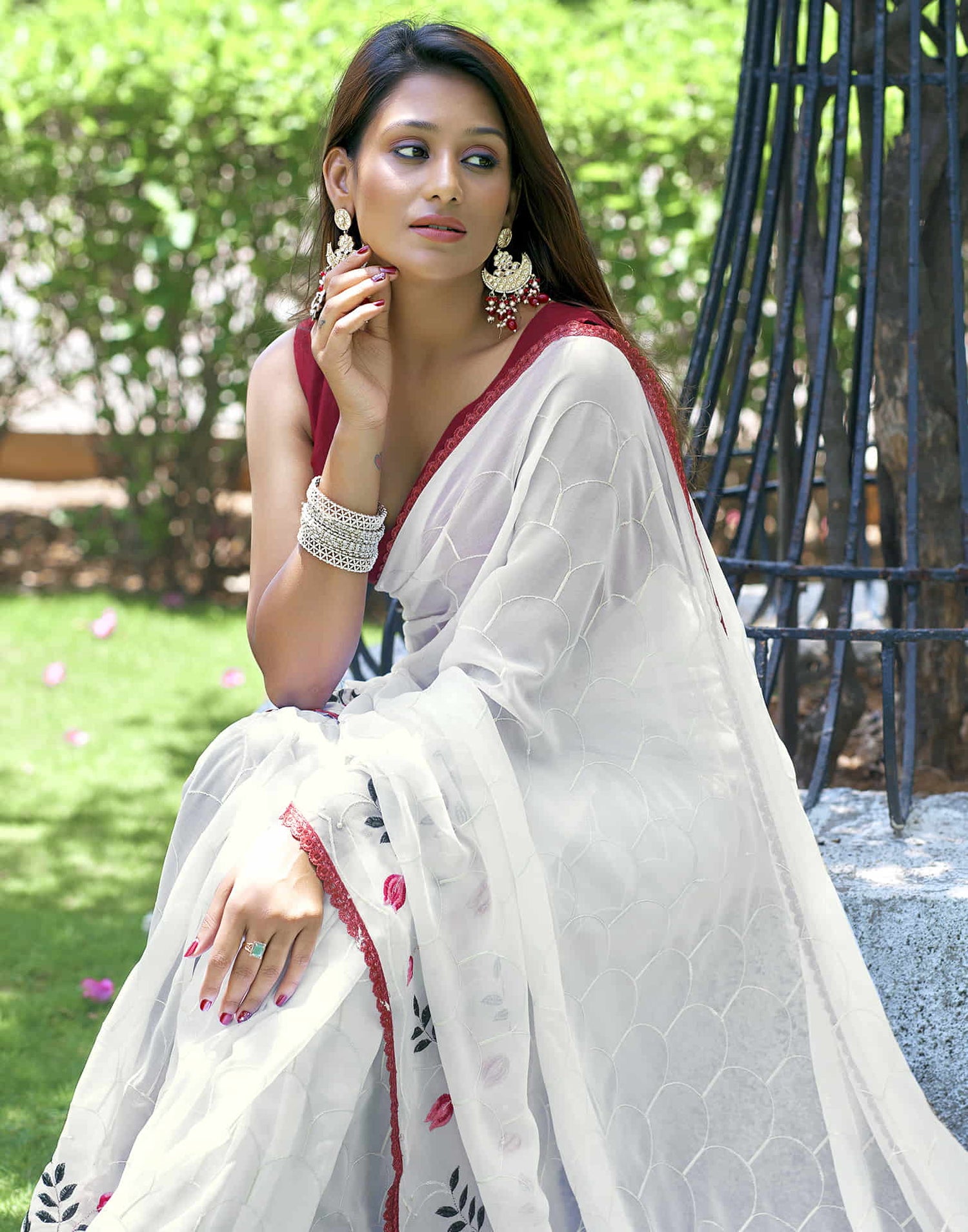 White Georgette Sequence Embroidery Saree