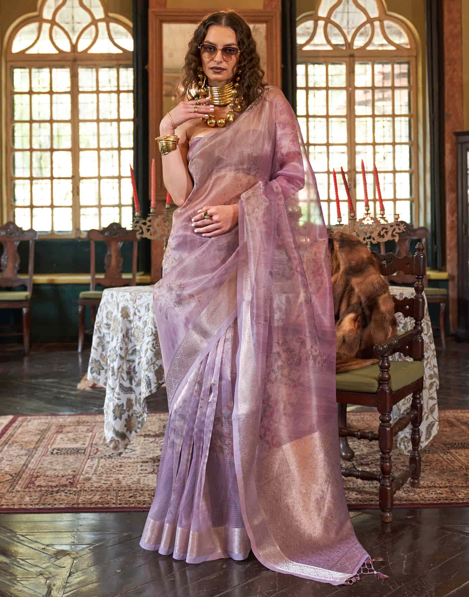 Light Lavender Organza Woven Printed Saree