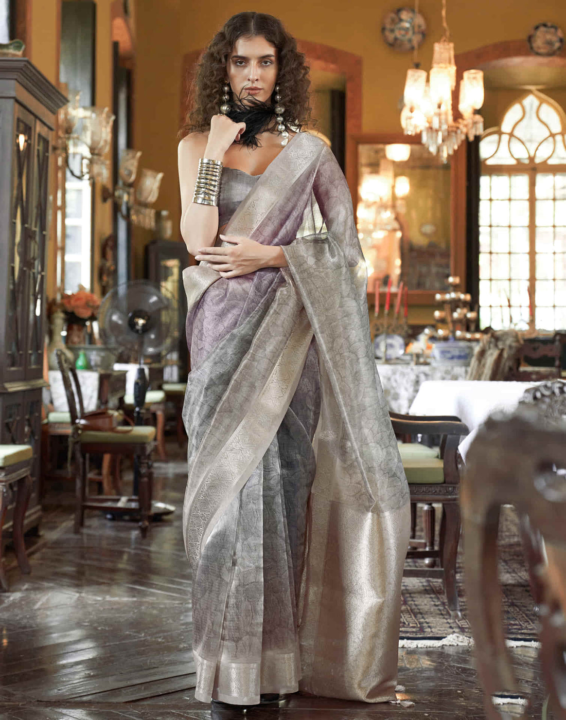 Beige Organza Woven Printed Saree