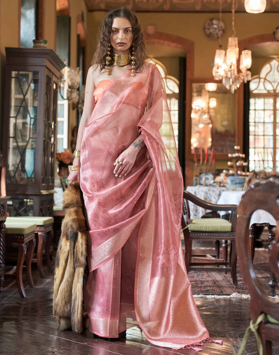 Rose Pink Organza Woven Printed Saree