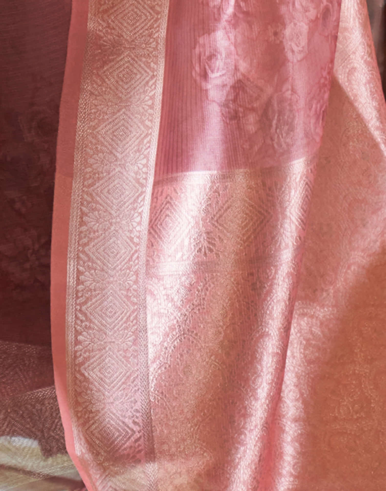 Rose Pink Organza Woven Printed Saree