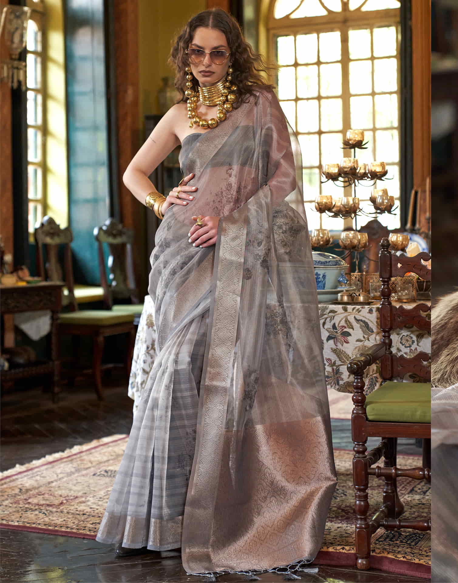 Grey Organza Woven Printed Saree