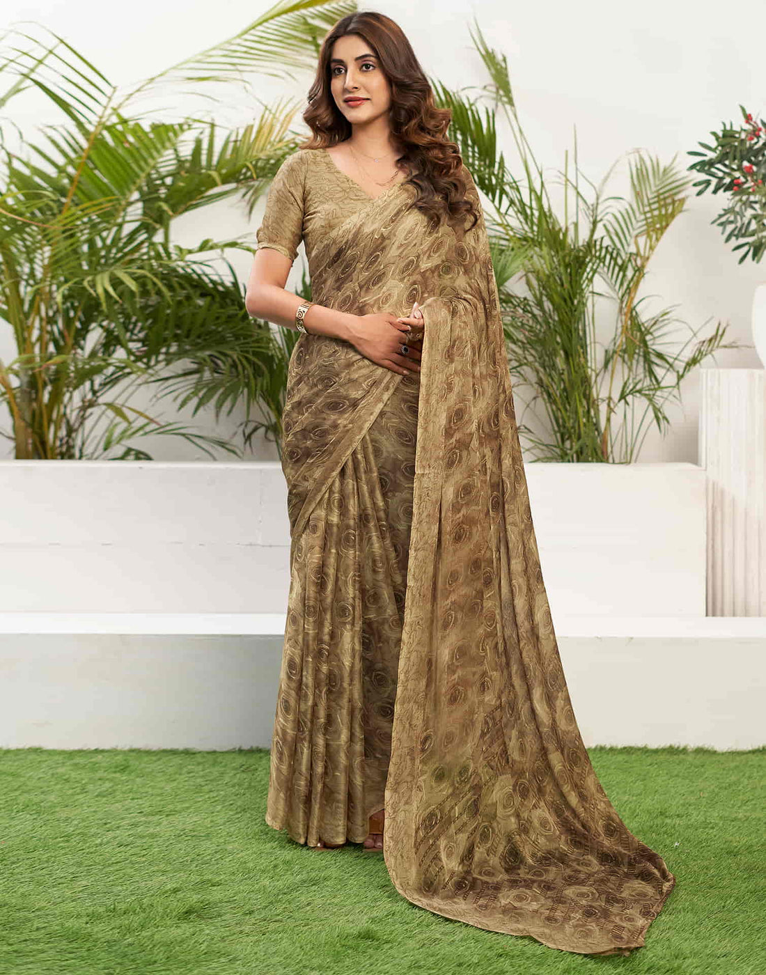 Khaki Chiffon Printed Saree