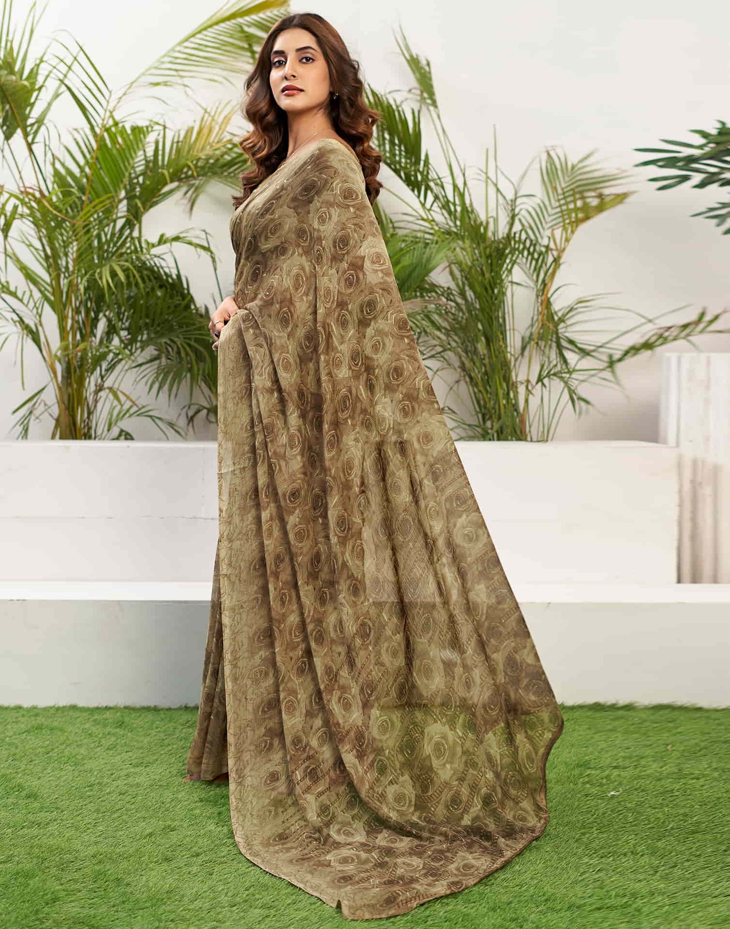 Khaki Chiffon Printed Saree