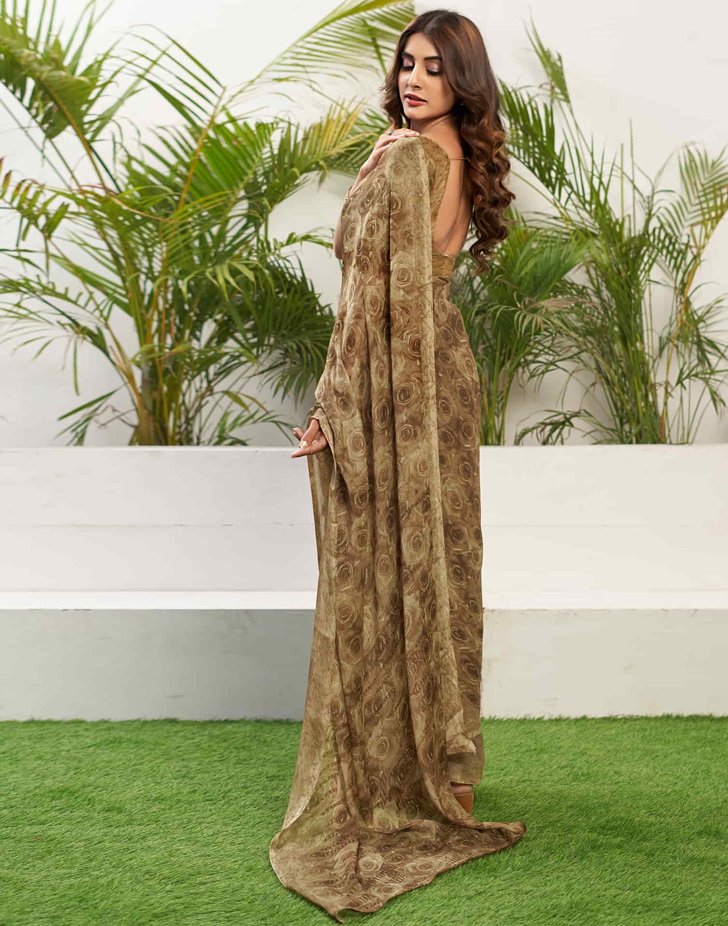 Khaki Chiffon Printed Saree