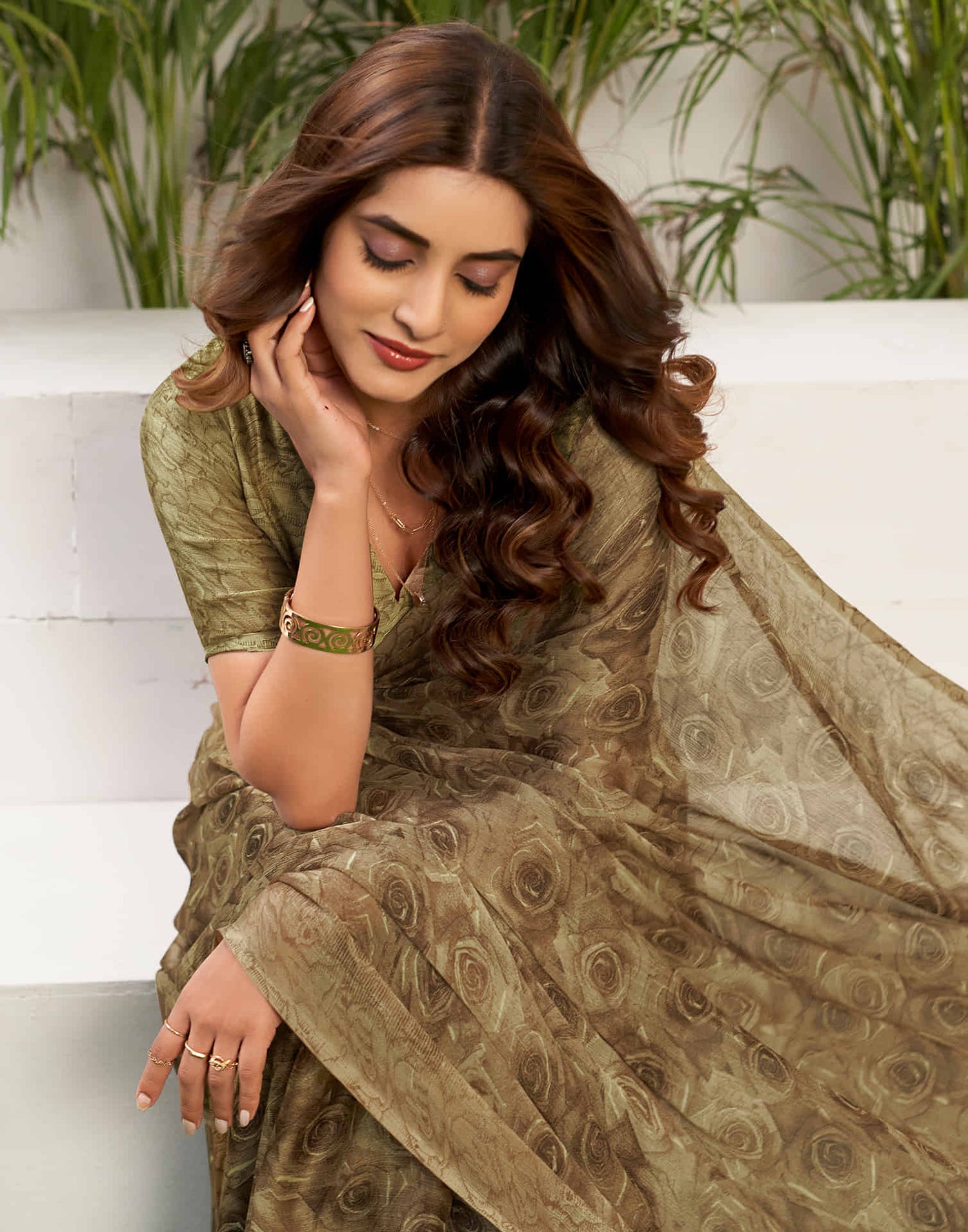 Khaki Chiffon Printed Saree