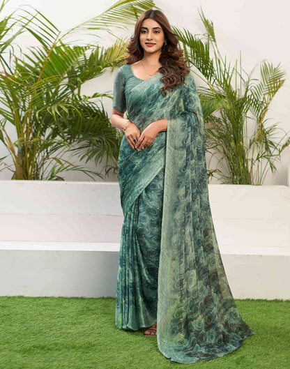 Teal Green Chiffon Printed Saree