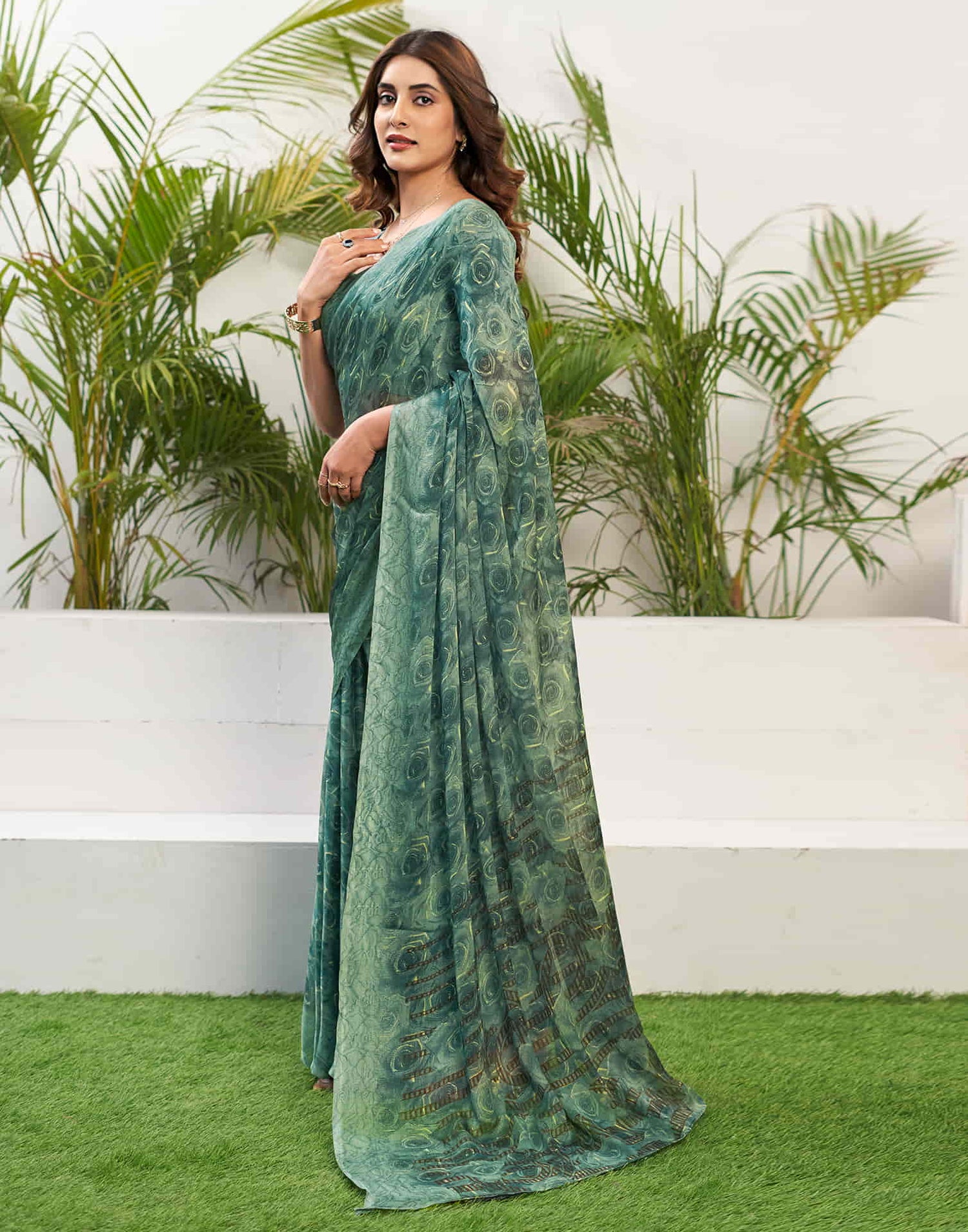 Teal Green Chiffon Printed Saree