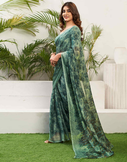 Teal Green Chiffon Printed Saree