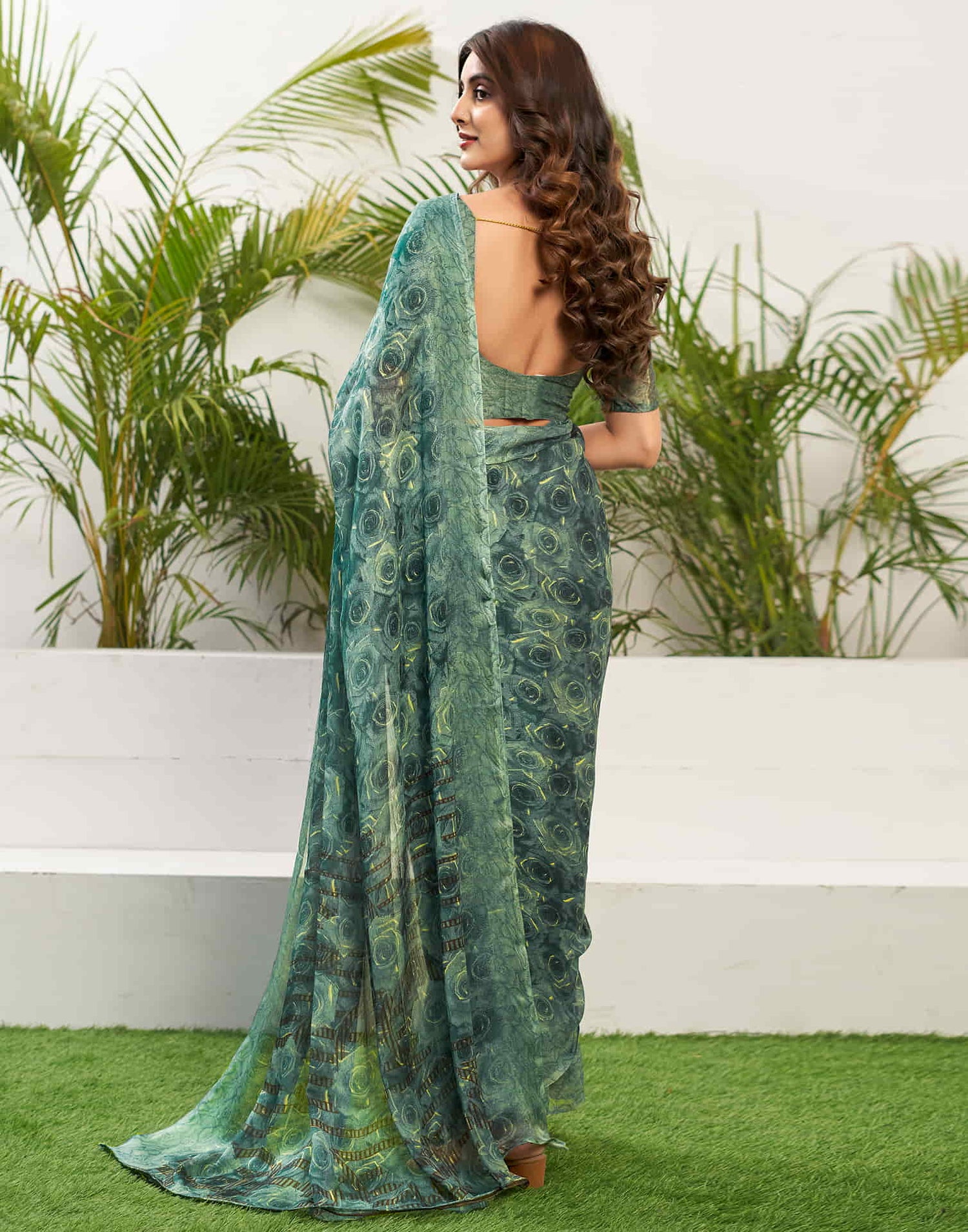 Teal Green Chiffon Printed Saree