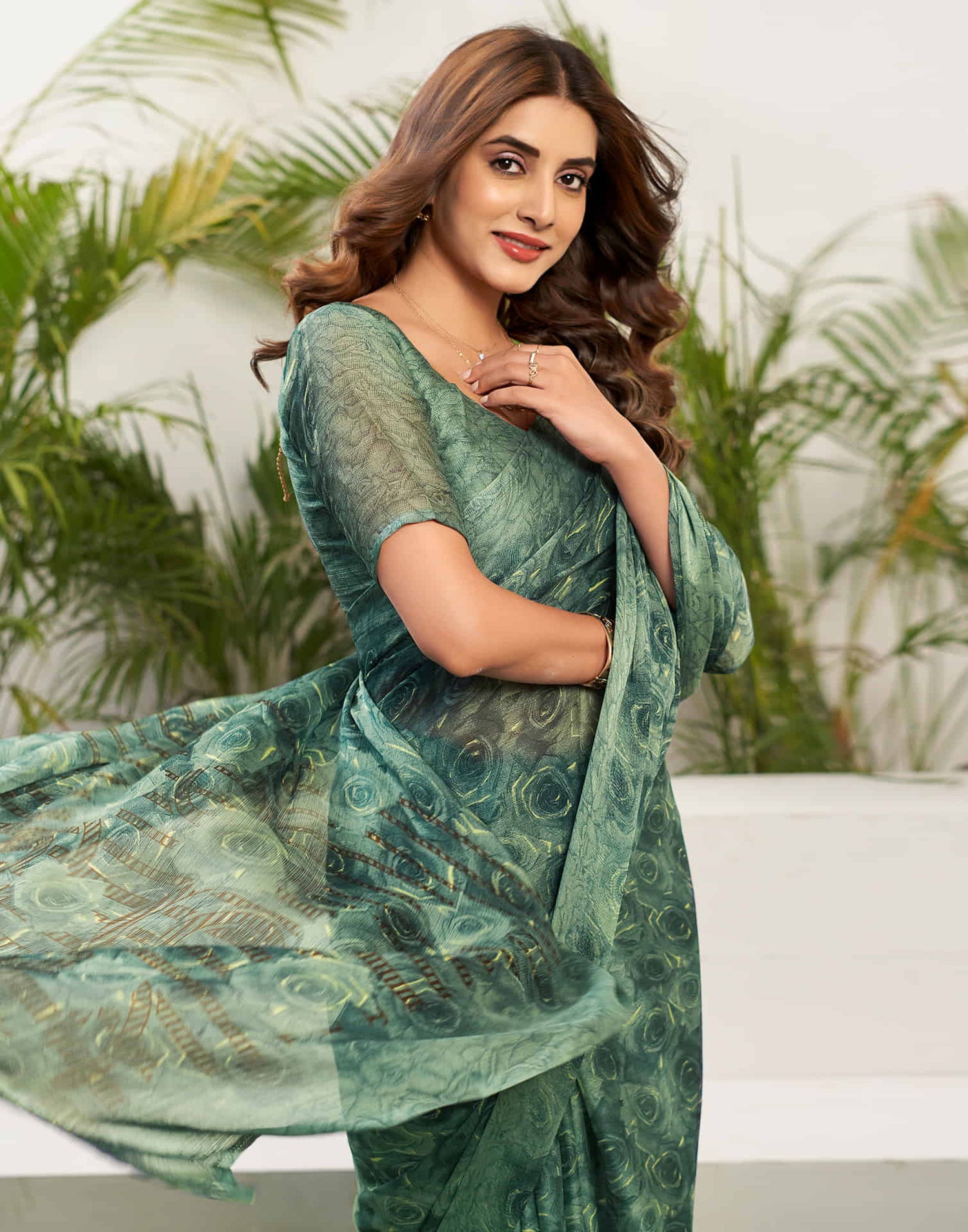 Teal Green Chiffon Printed Saree