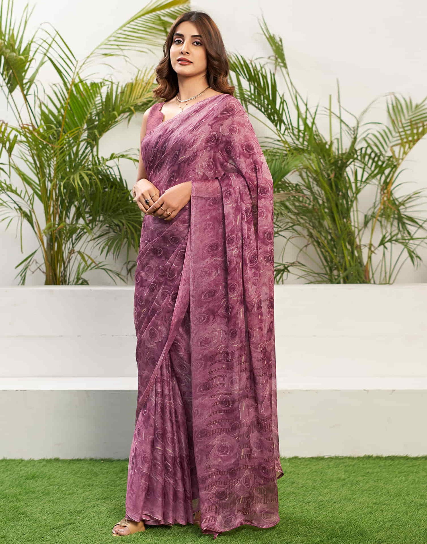 Dusty Magenta Chiffon Printed Saree