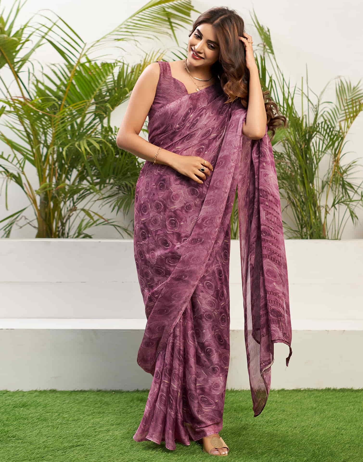 Dusty Magenta Chiffon Printed Saree