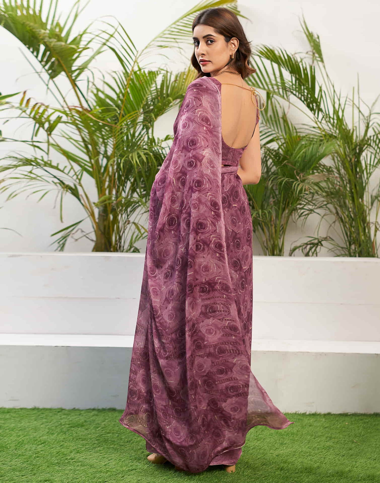 Dusty Magenta Chiffon Printed Saree