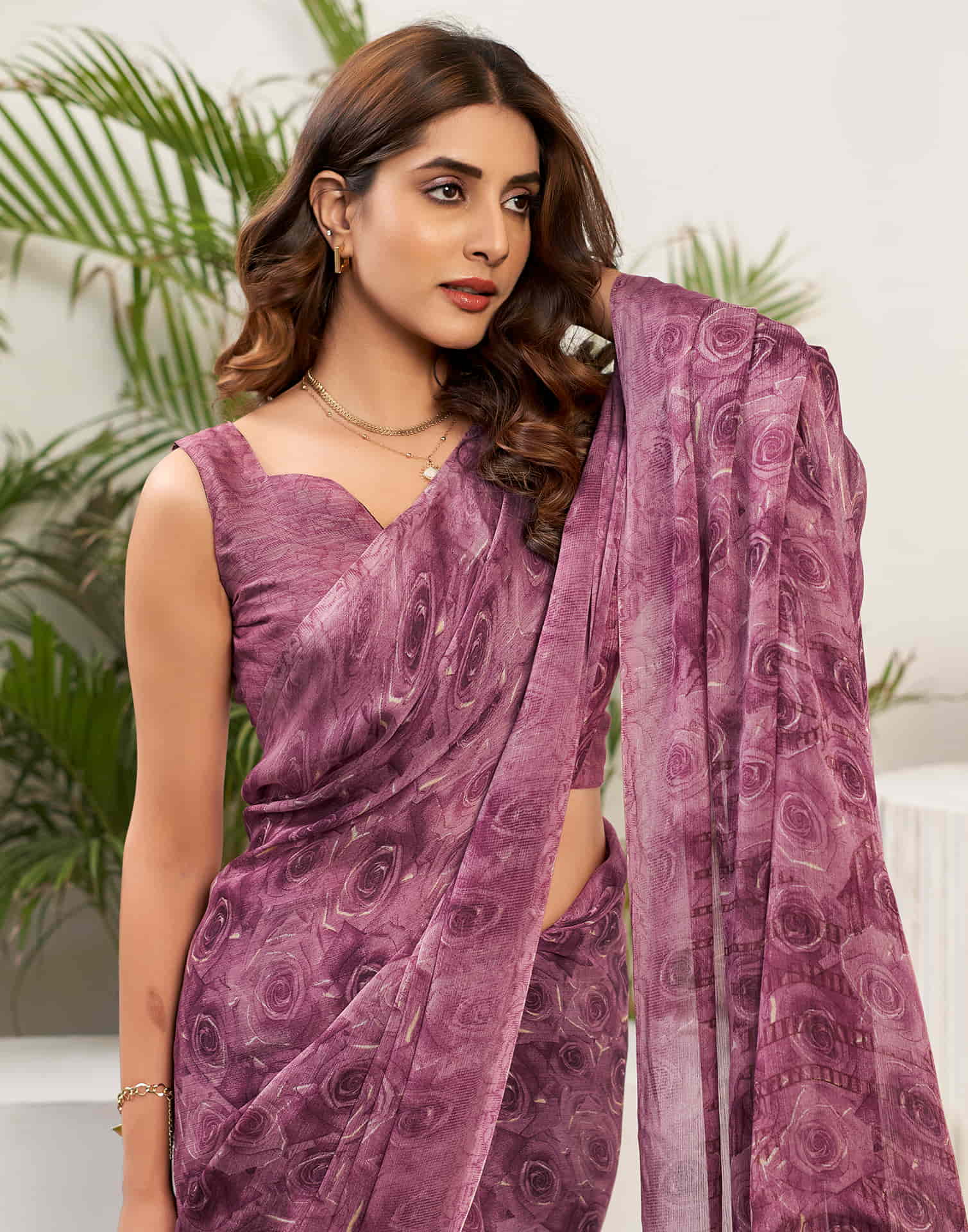 Dusty Magenta Chiffon Printed Saree