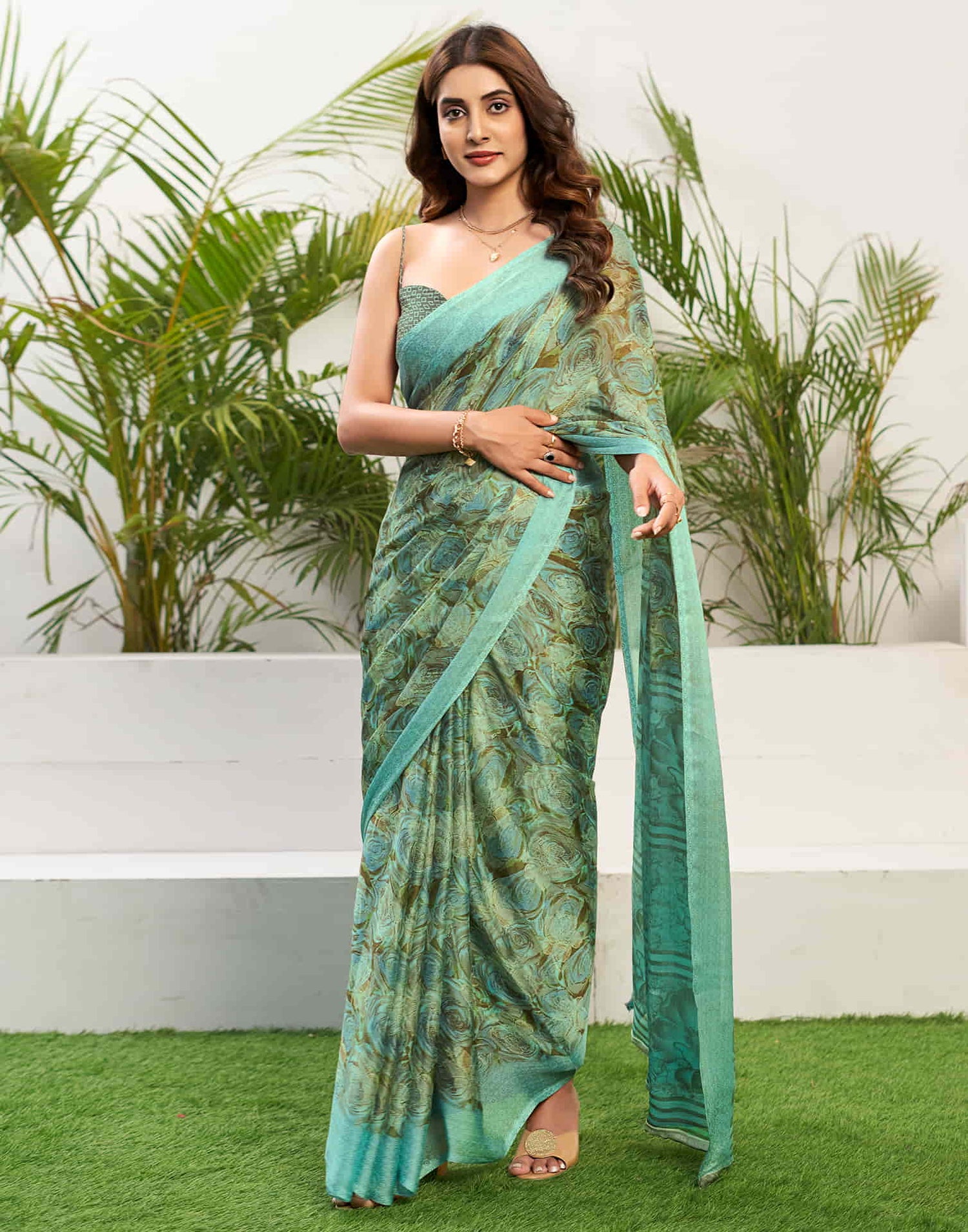 Mint Blue Chiffon Printed Saree