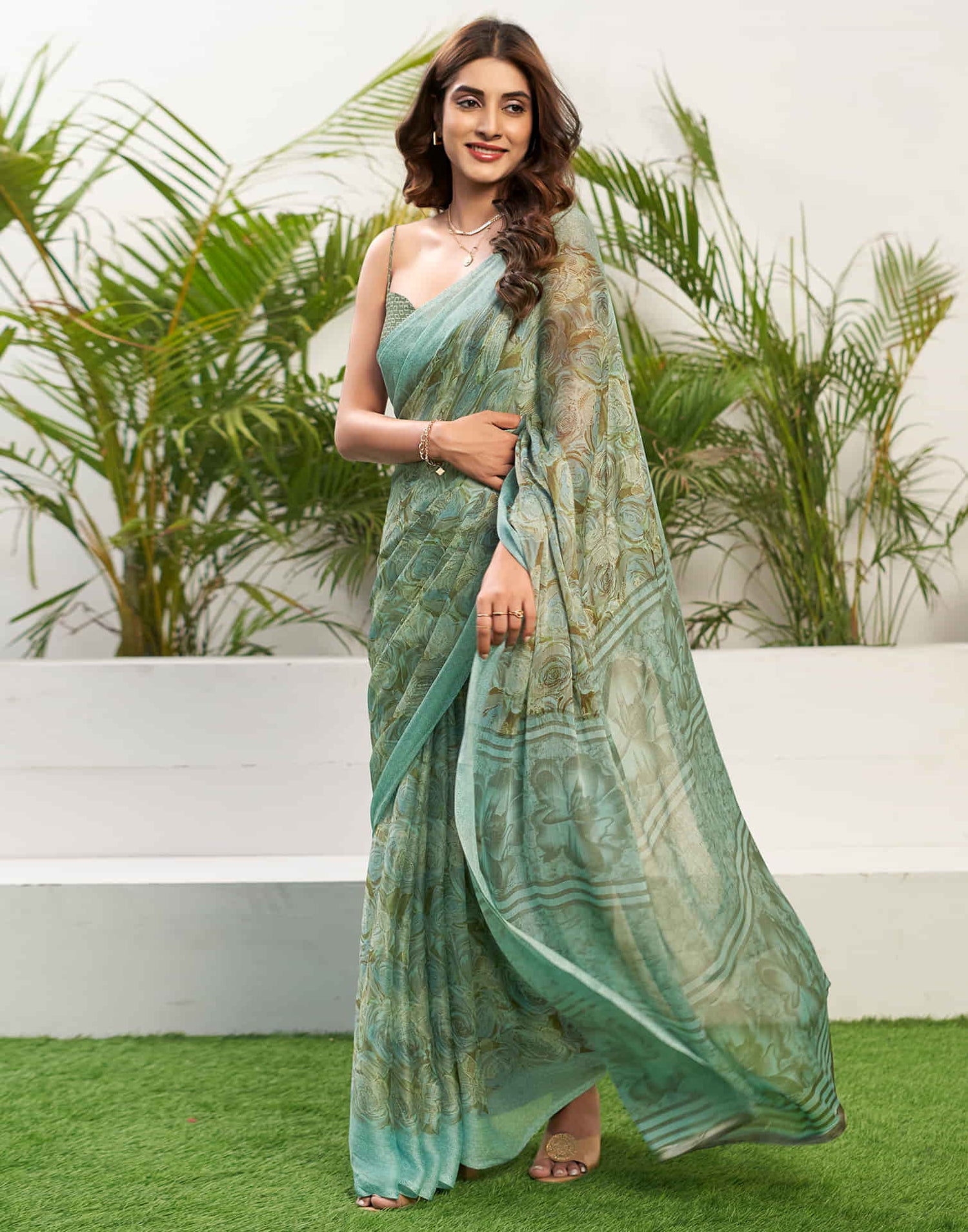 Mint Blue Chiffon Printed Saree