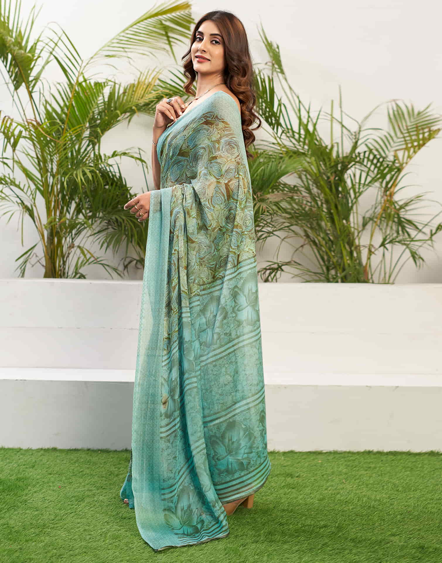 Mint Blue Chiffon Printed Saree