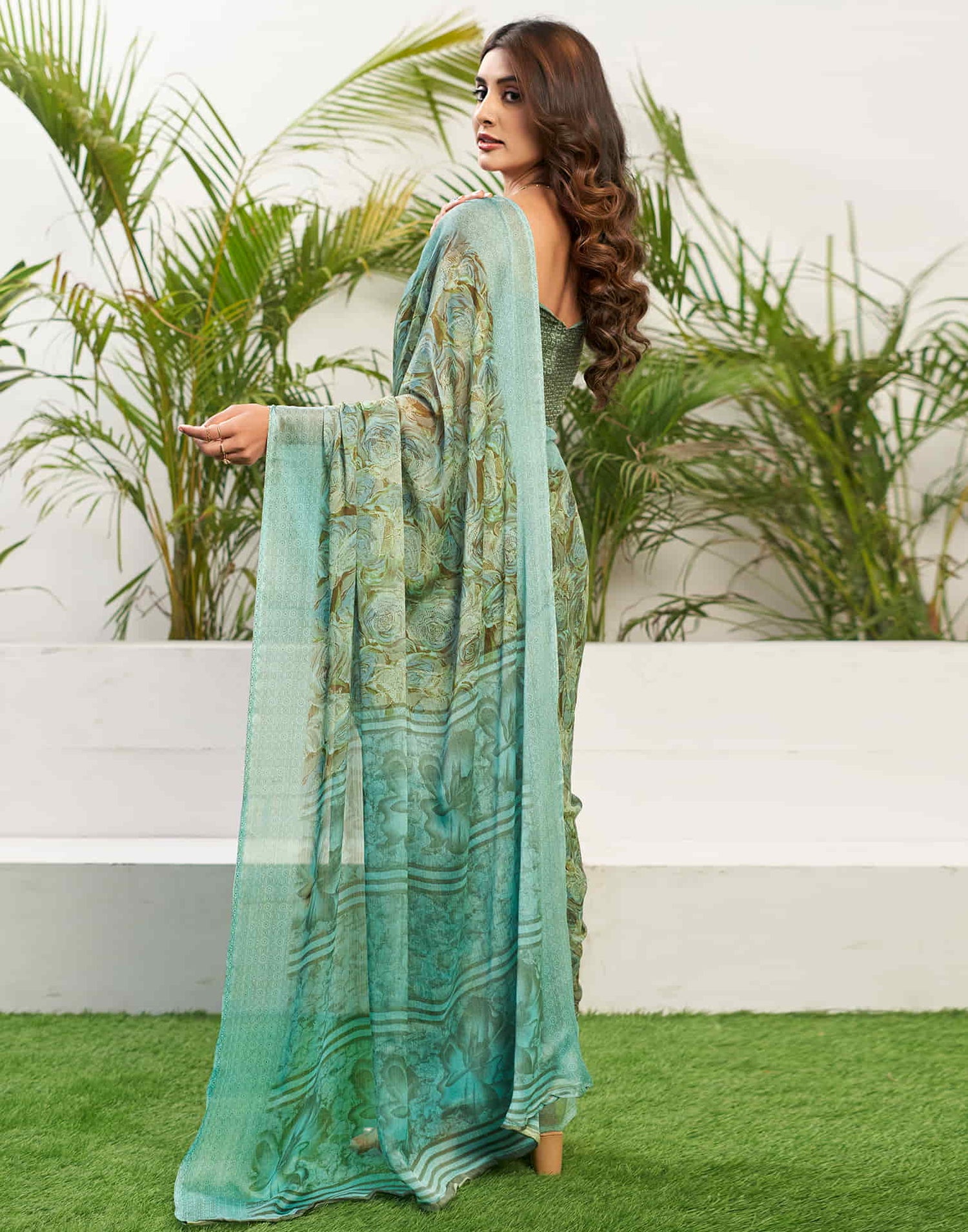 Mint Blue Chiffon Printed Saree