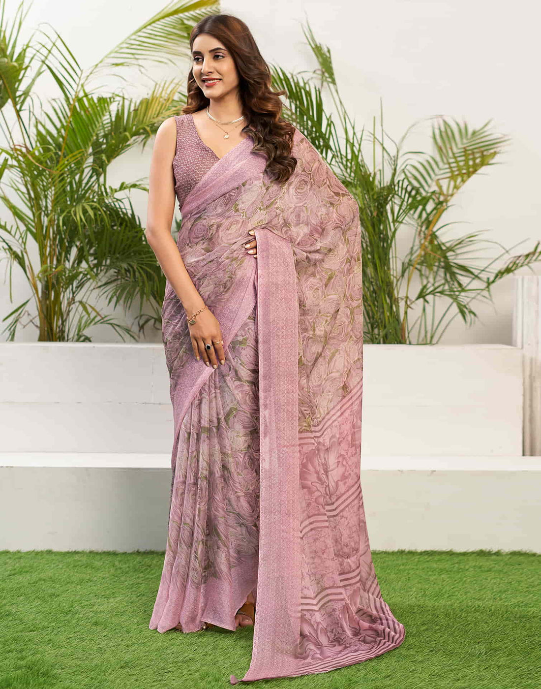 Light Pink Chiffon Printed Saree