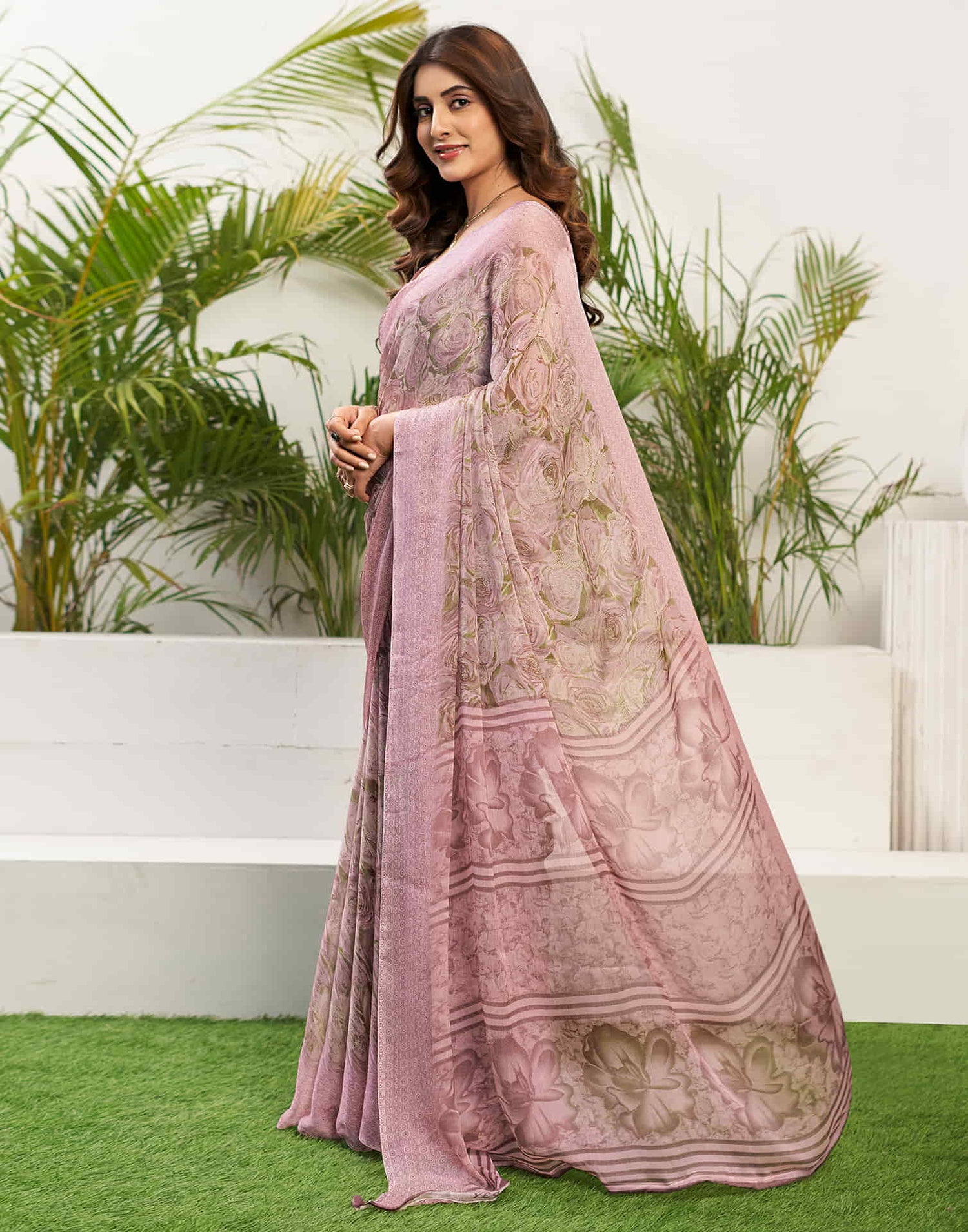 Light Pink Chiffon Printed Saree