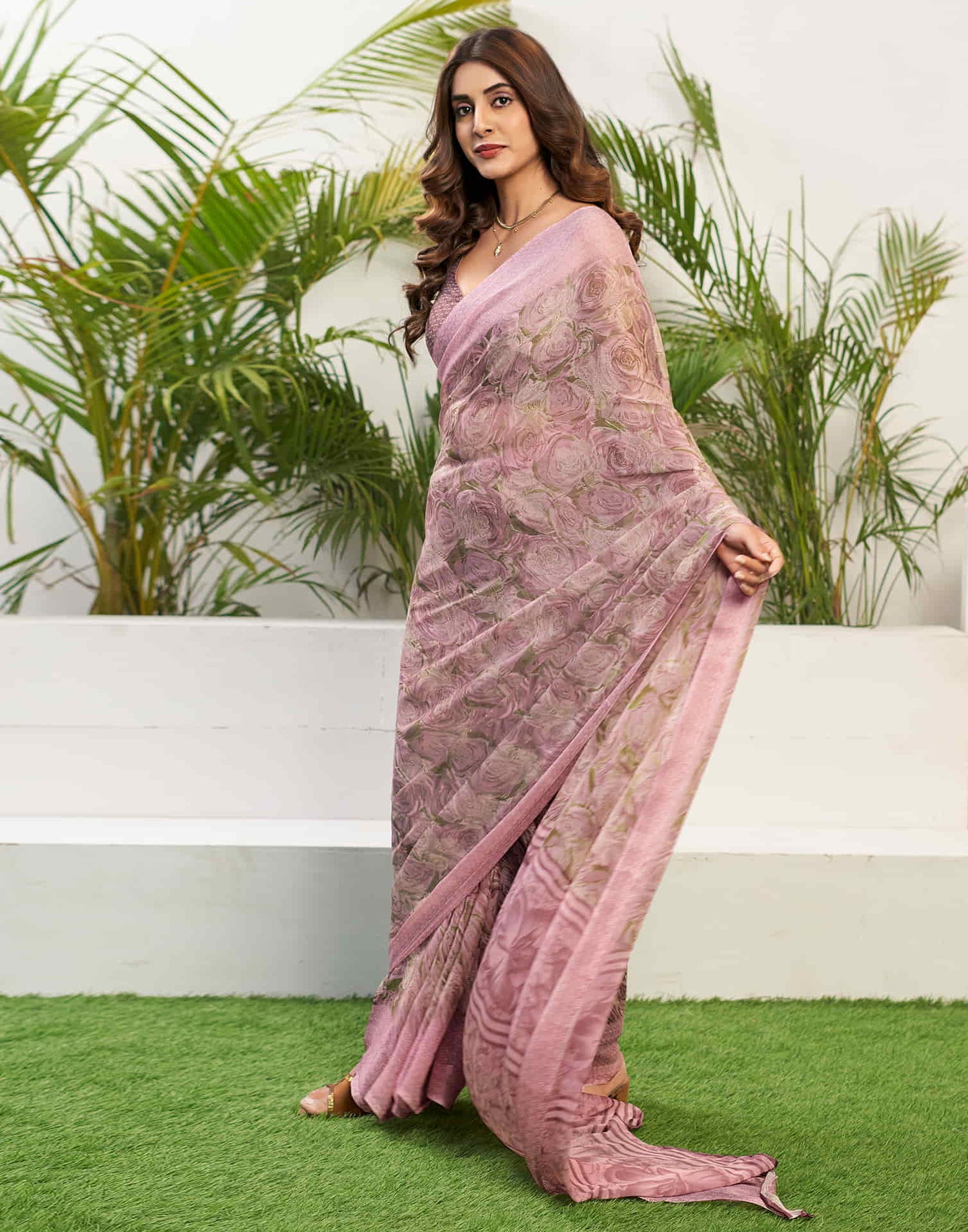 Light Pink Chiffon Printed Saree