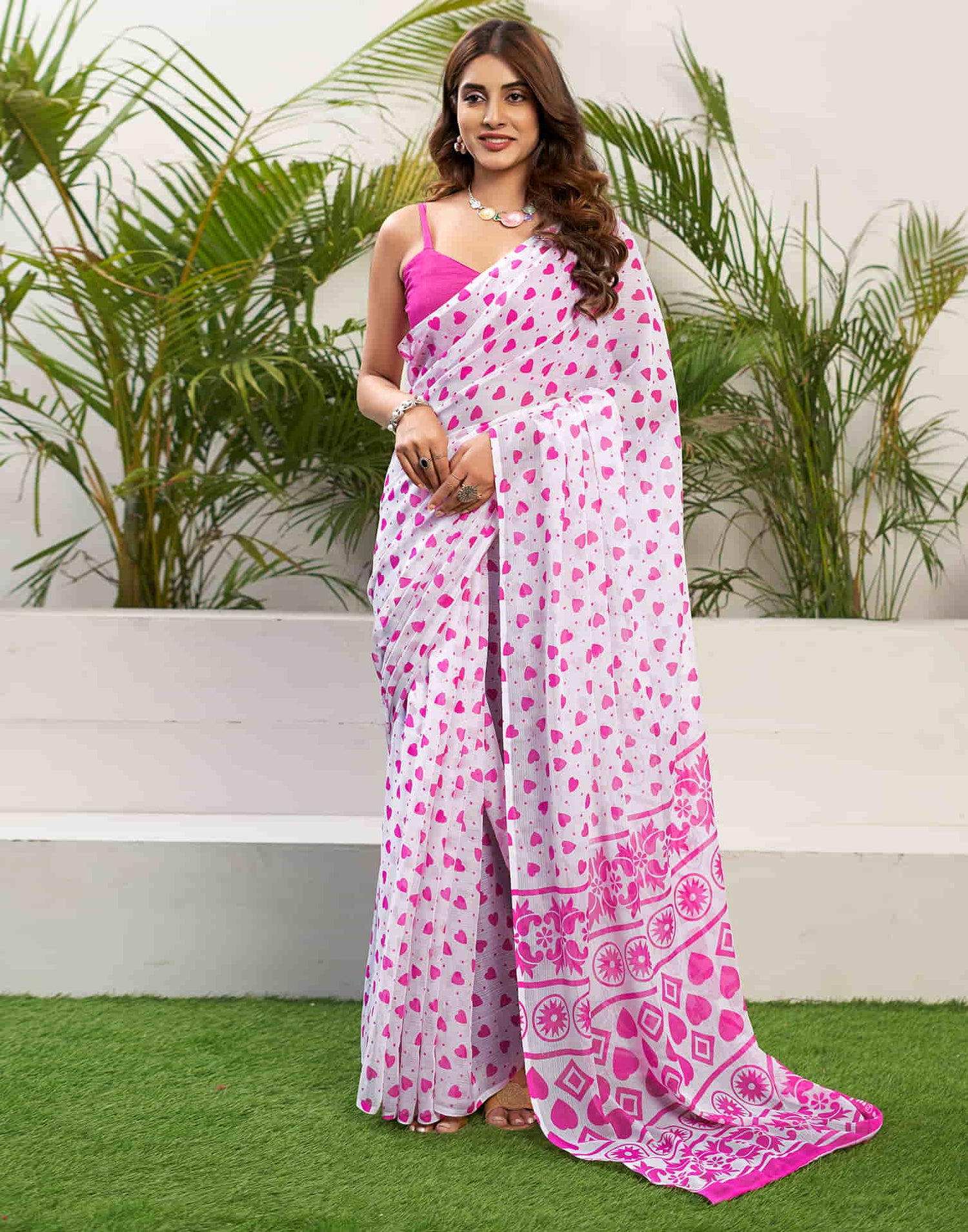 Pink Chiffon Printed Saree