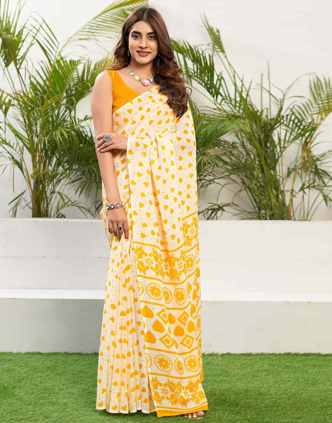 Yellow Chiffon Printed Saree