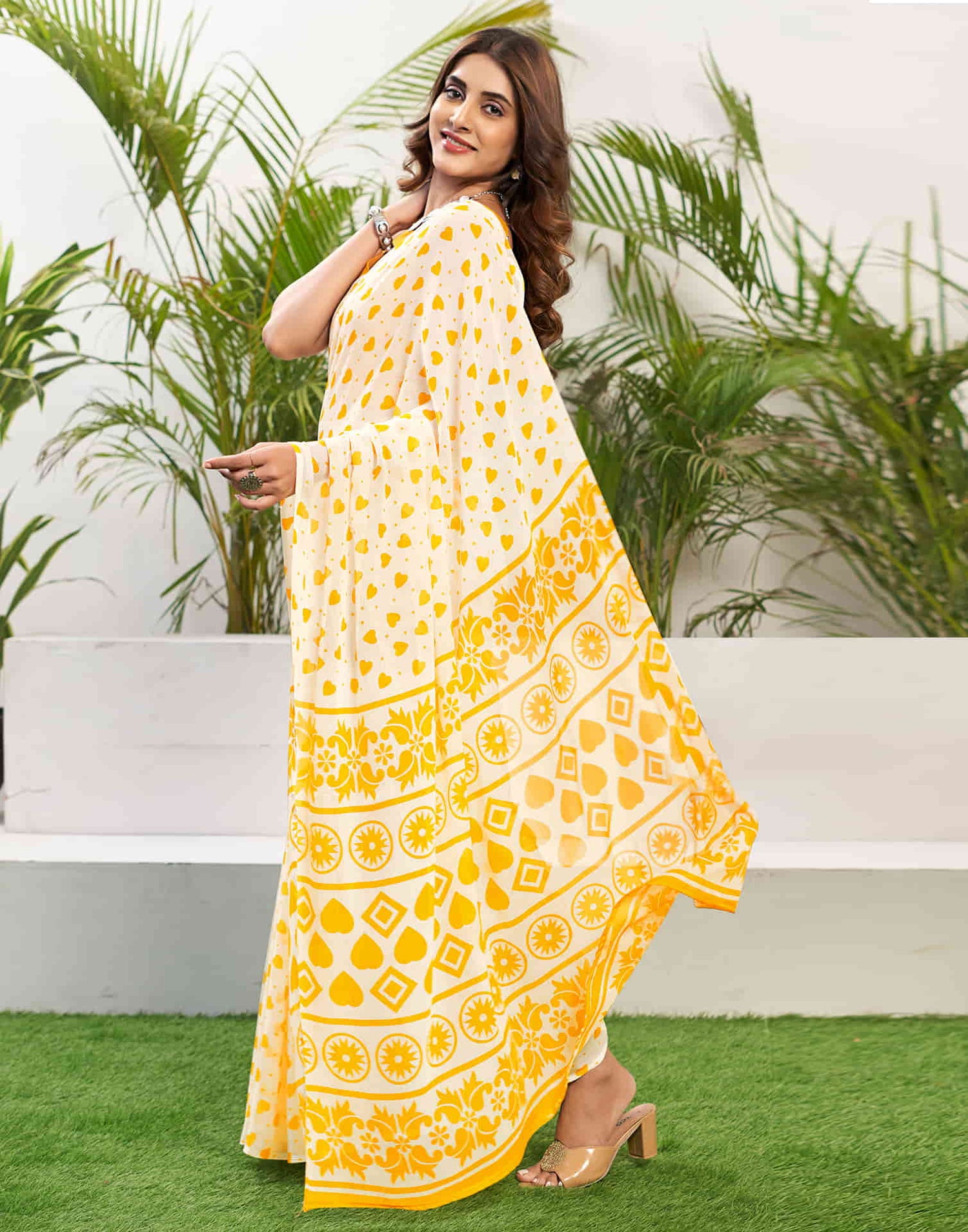 Yellow Chiffon Printed Saree