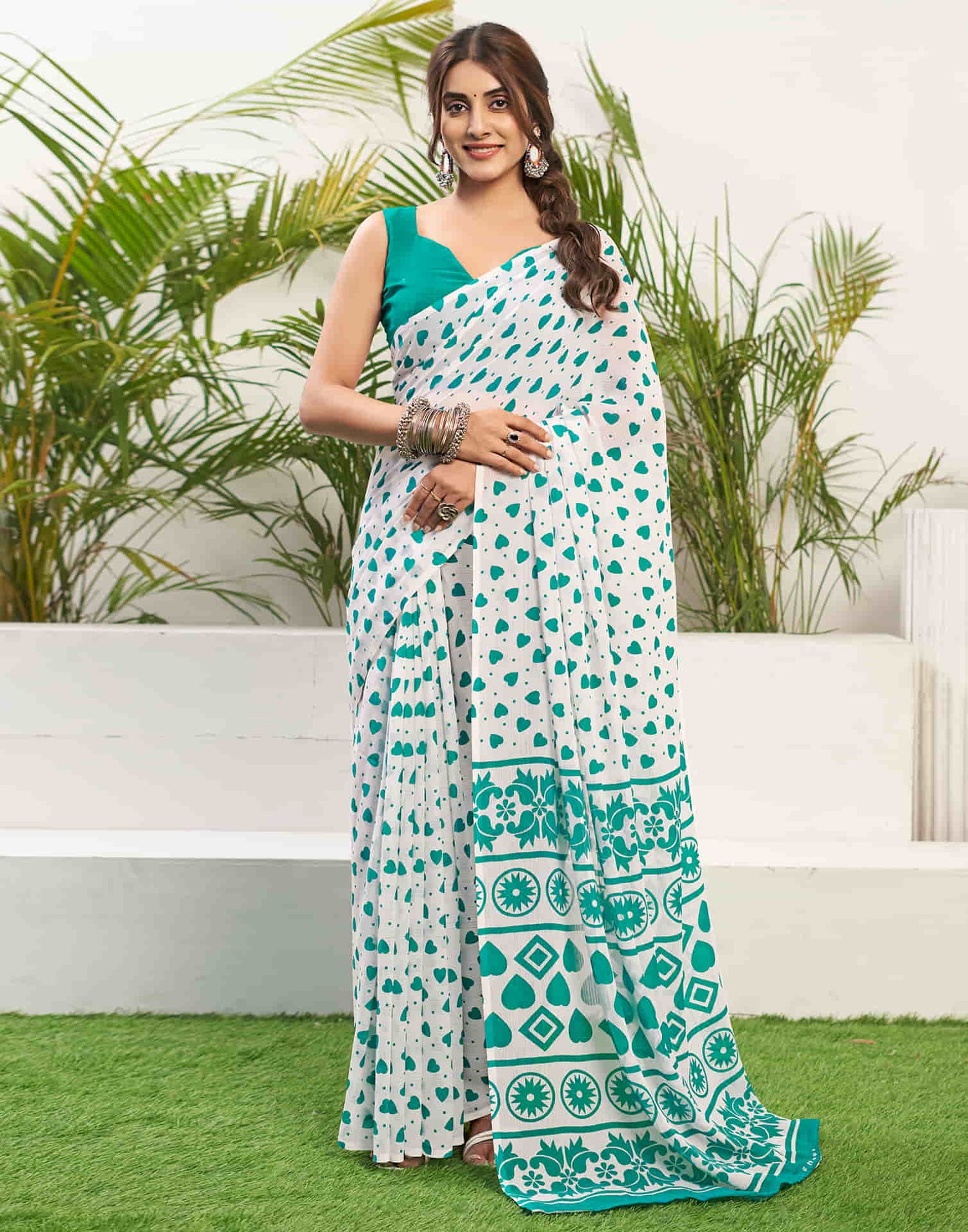 Turquoise Chiffon Printed Saree