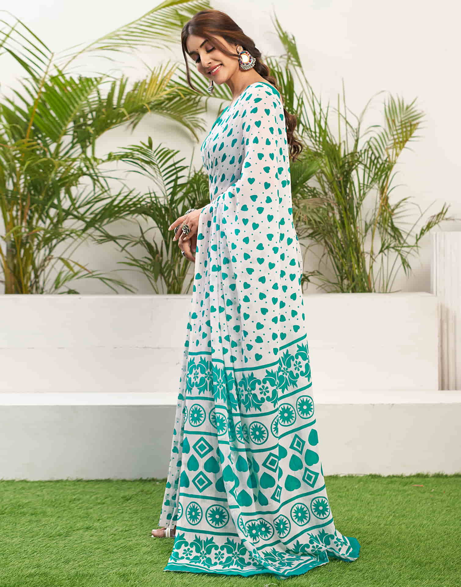 Turquoise Chiffon Printed Saree