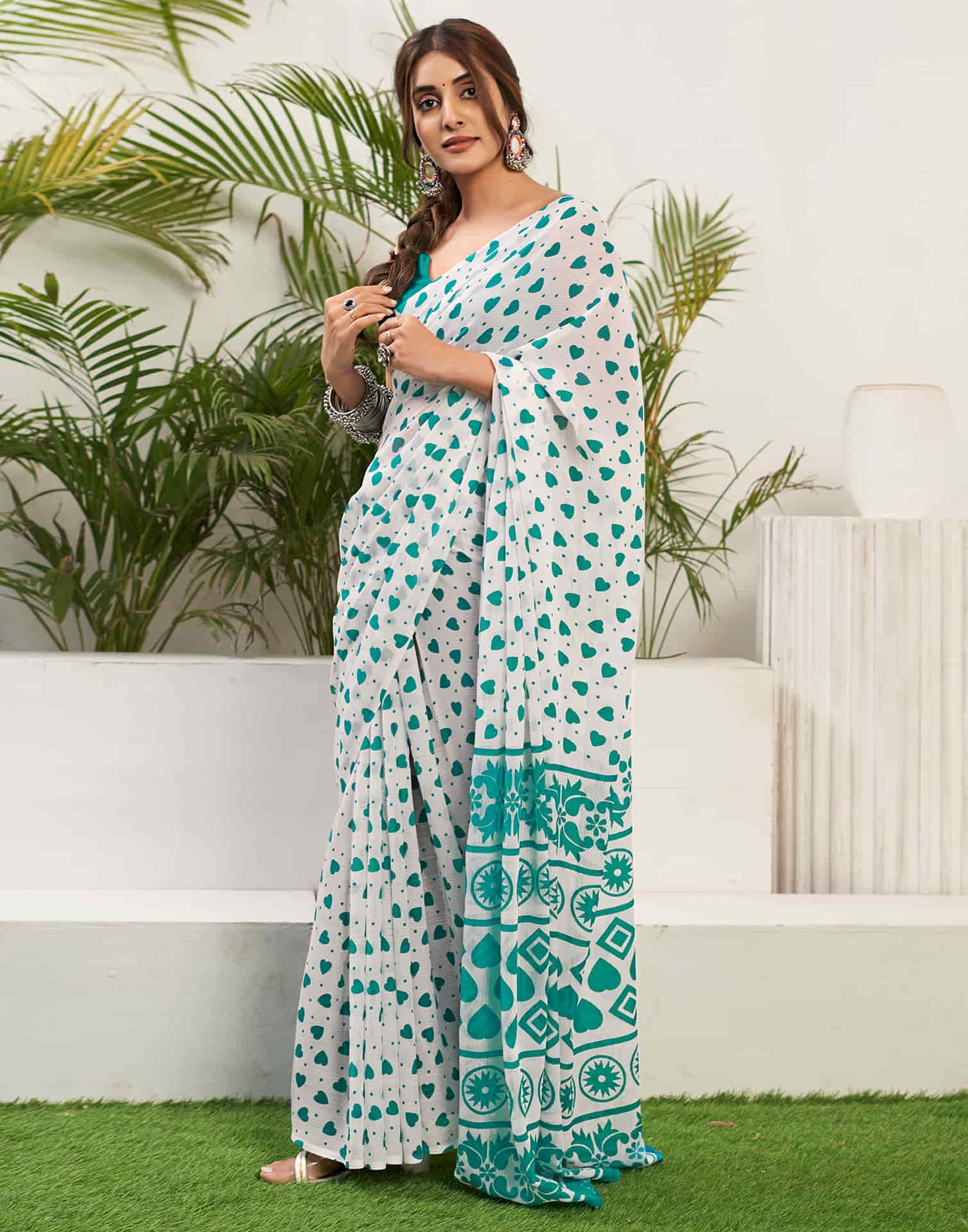 Turquoise Chiffon Printed Saree