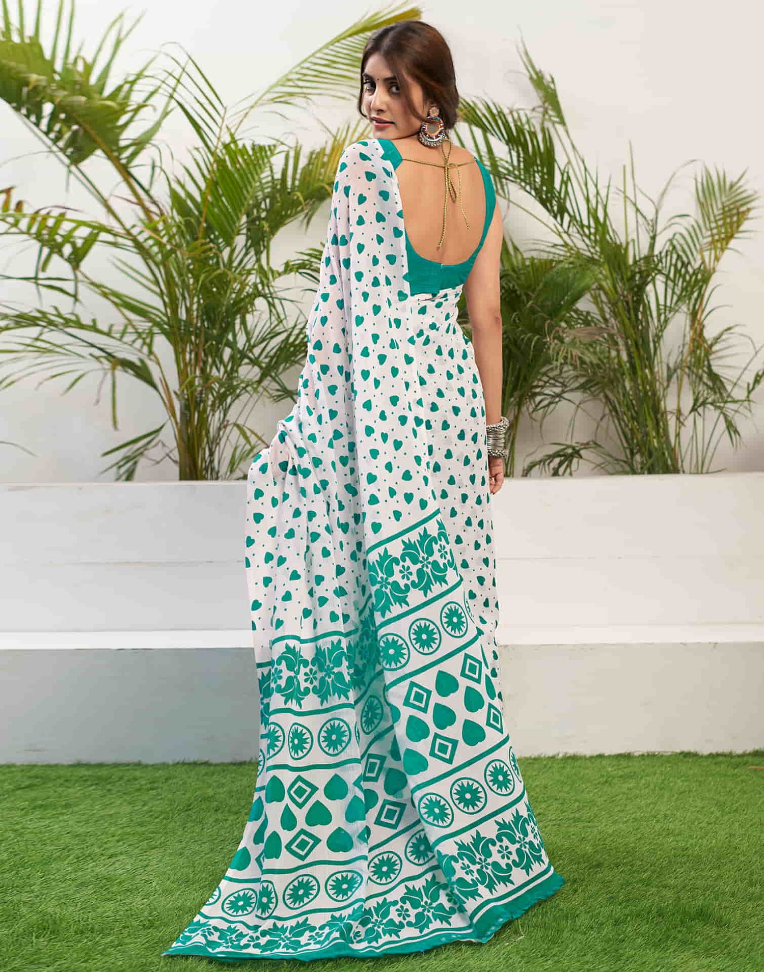 Turquoise Chiffon Printed Saree