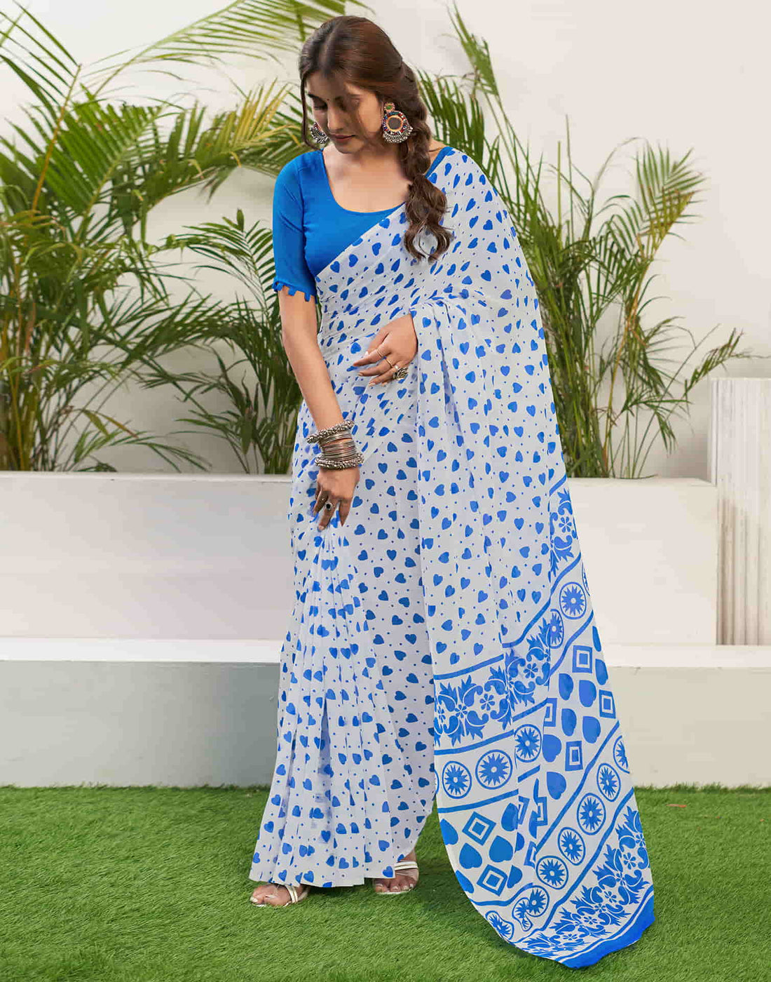 Dark Blue Chiffon Printed Saree