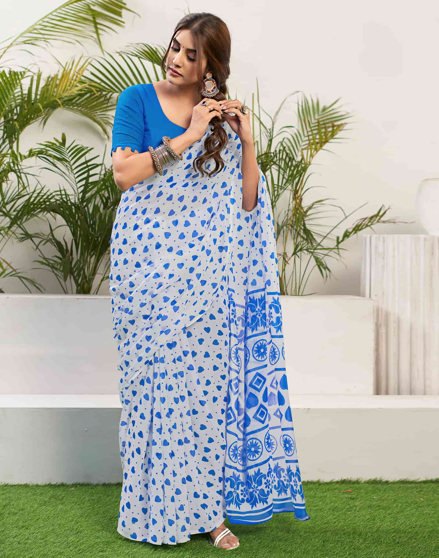 Dark Blue Chiffon Printed Saree