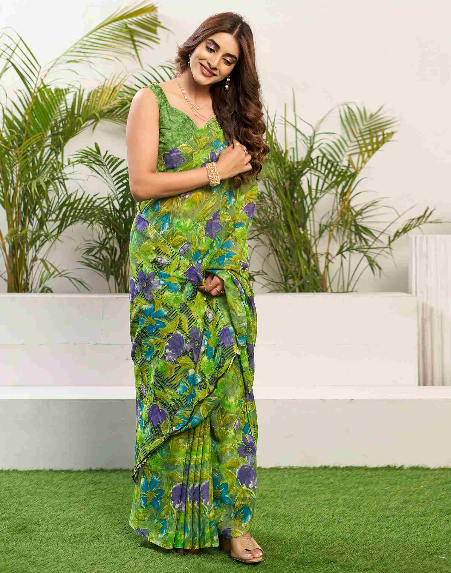 Green Chiffon Printed Saree