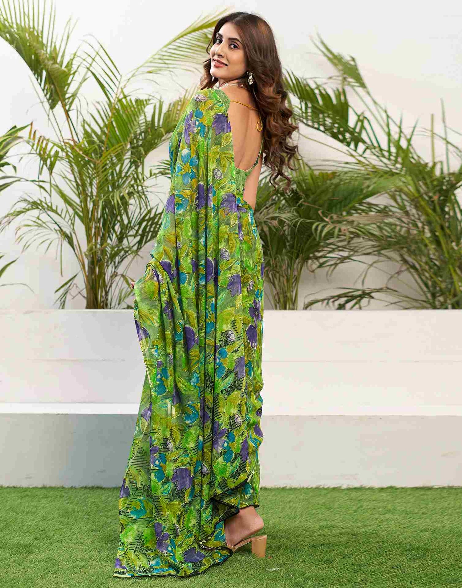 Green Chiffon Printed Saree