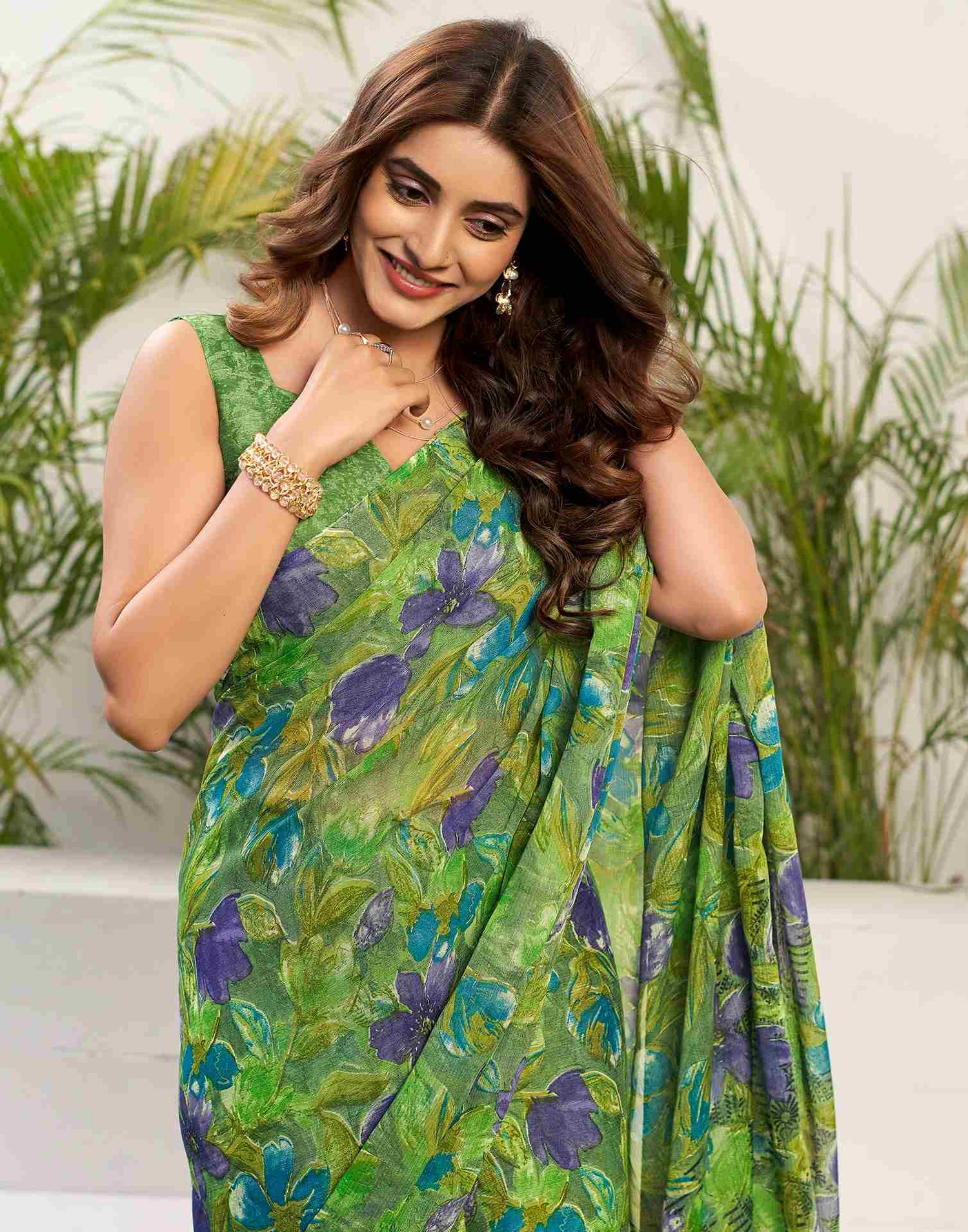 Green Chiffon Printed Saree