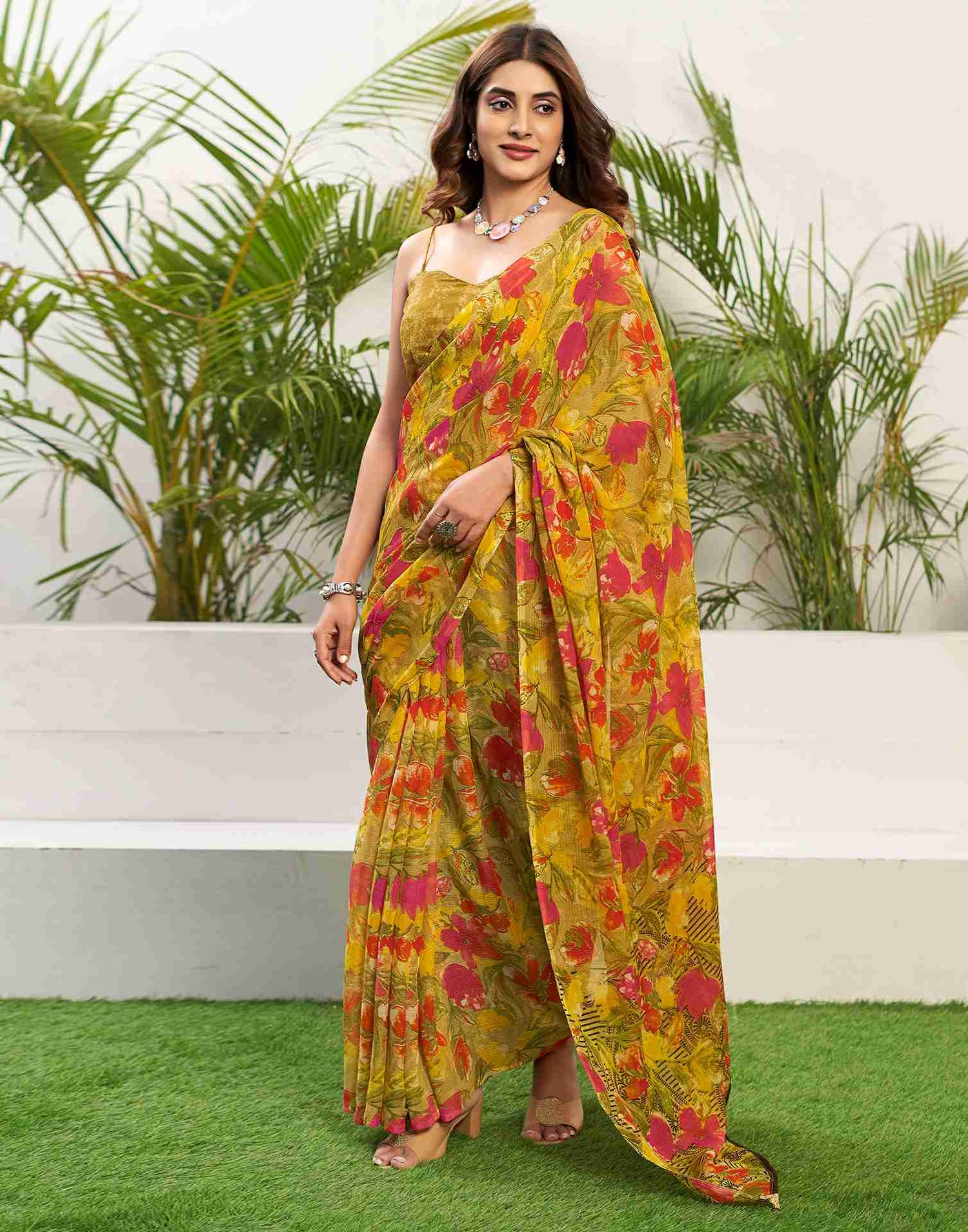 Yellow Chiffon Printed Saree