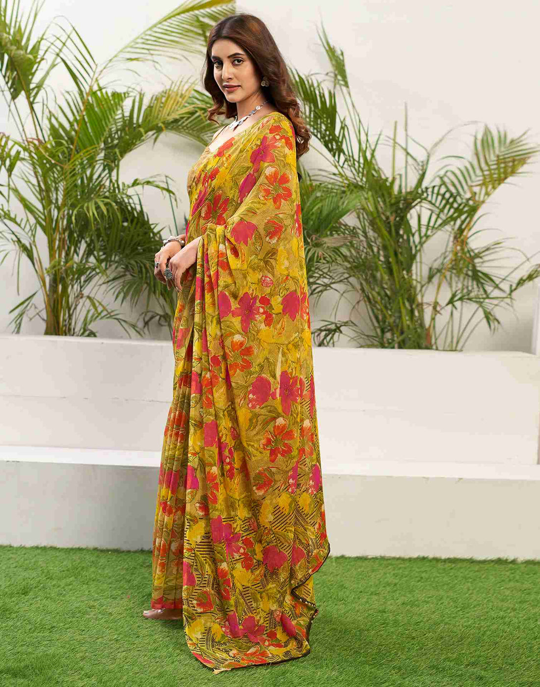 Yellow Chiffon Printed Saree