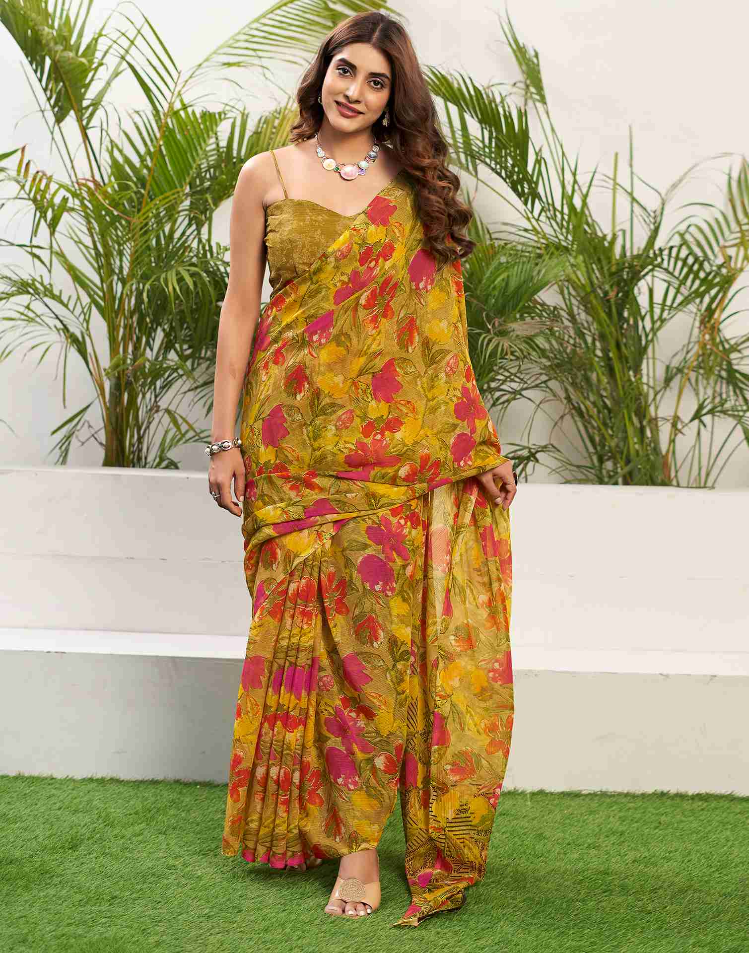 Yellow Chiffon Printed Saree