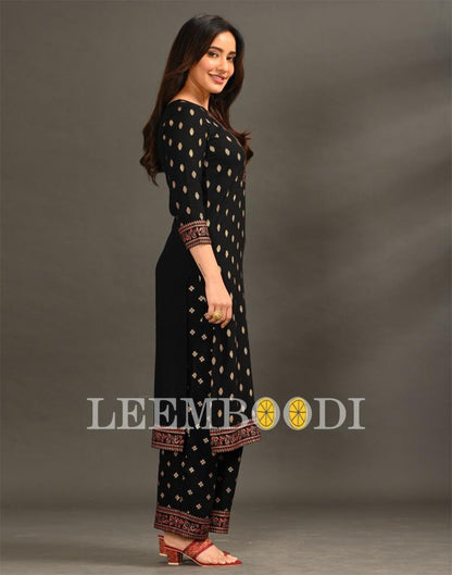 Black Coloured Rayon Foil With Pigment Work Kurti With Palazzo | Leemboodi