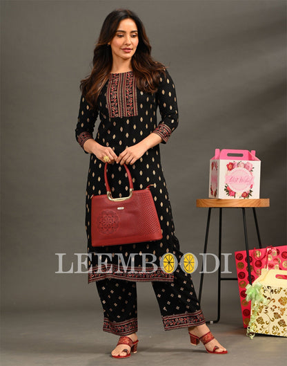 Black Coloured Rayon Foil With Pigment Work Kurti With Palazzo | Leemboodi