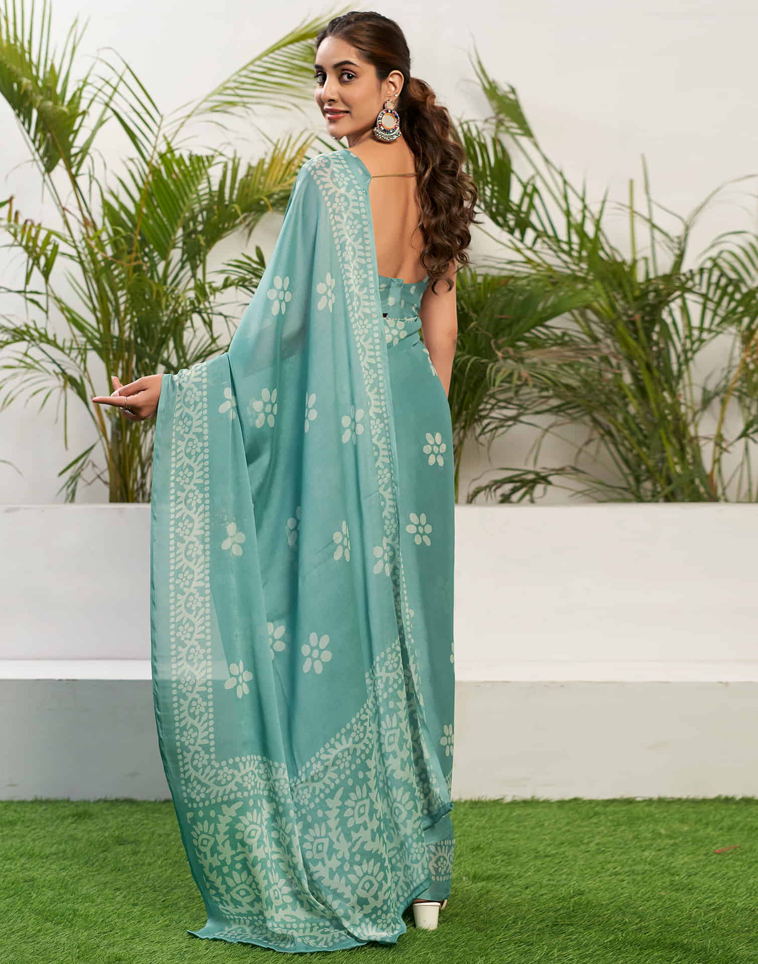 Soft Turquoise Chiffon Printed Saree