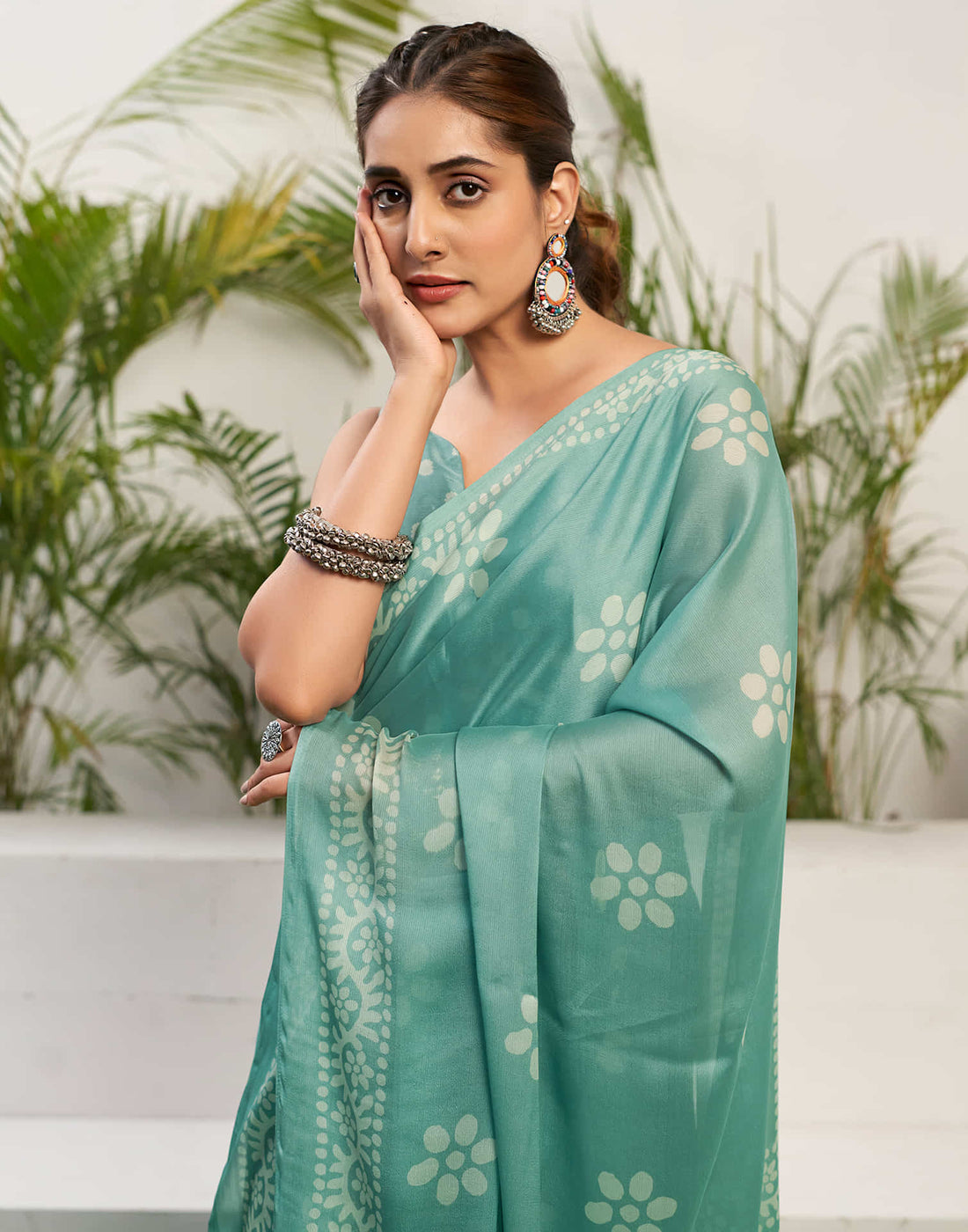 Soft Turquoise Chiffon Printed Saree