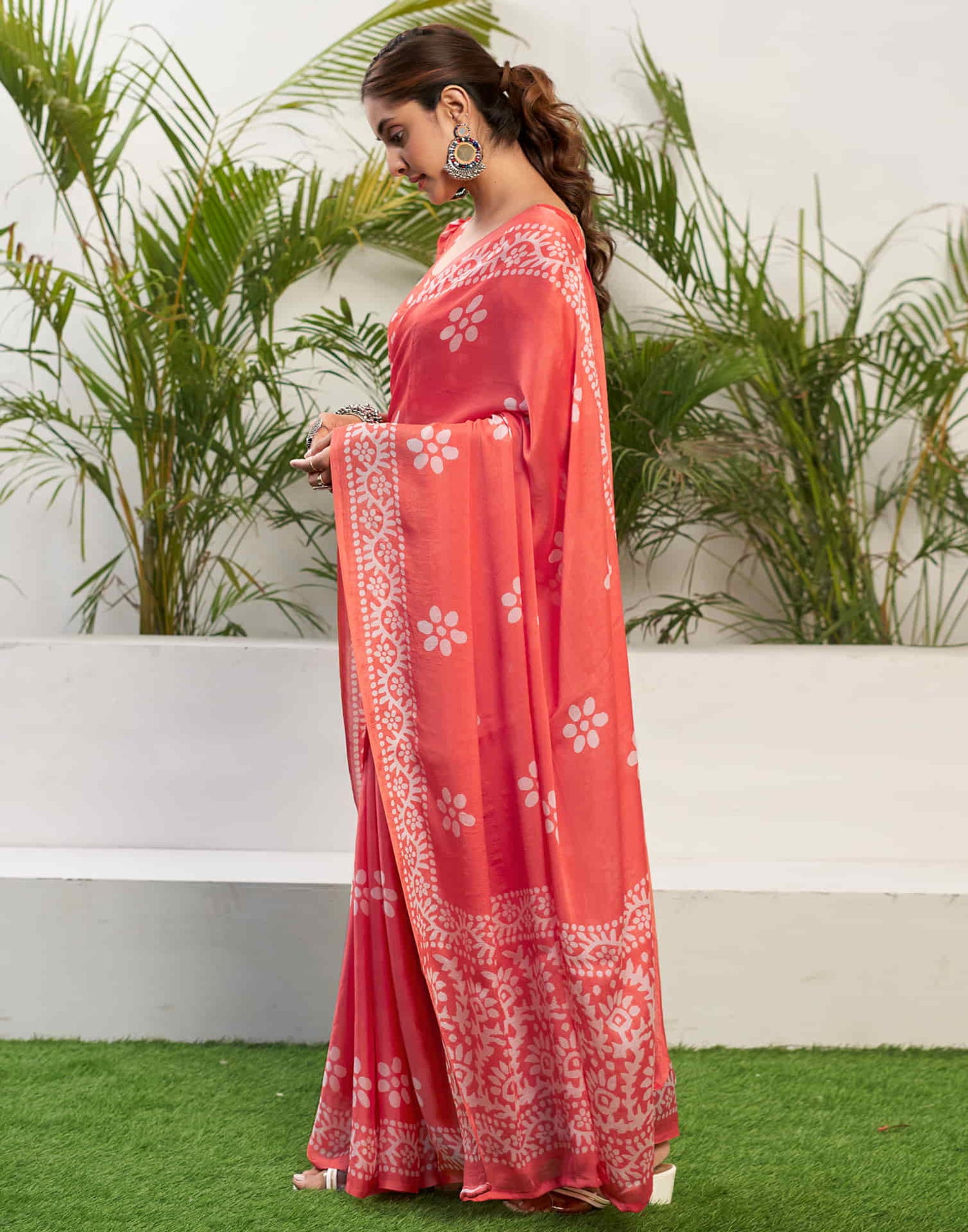 Light Red Chiffon Printed Saree