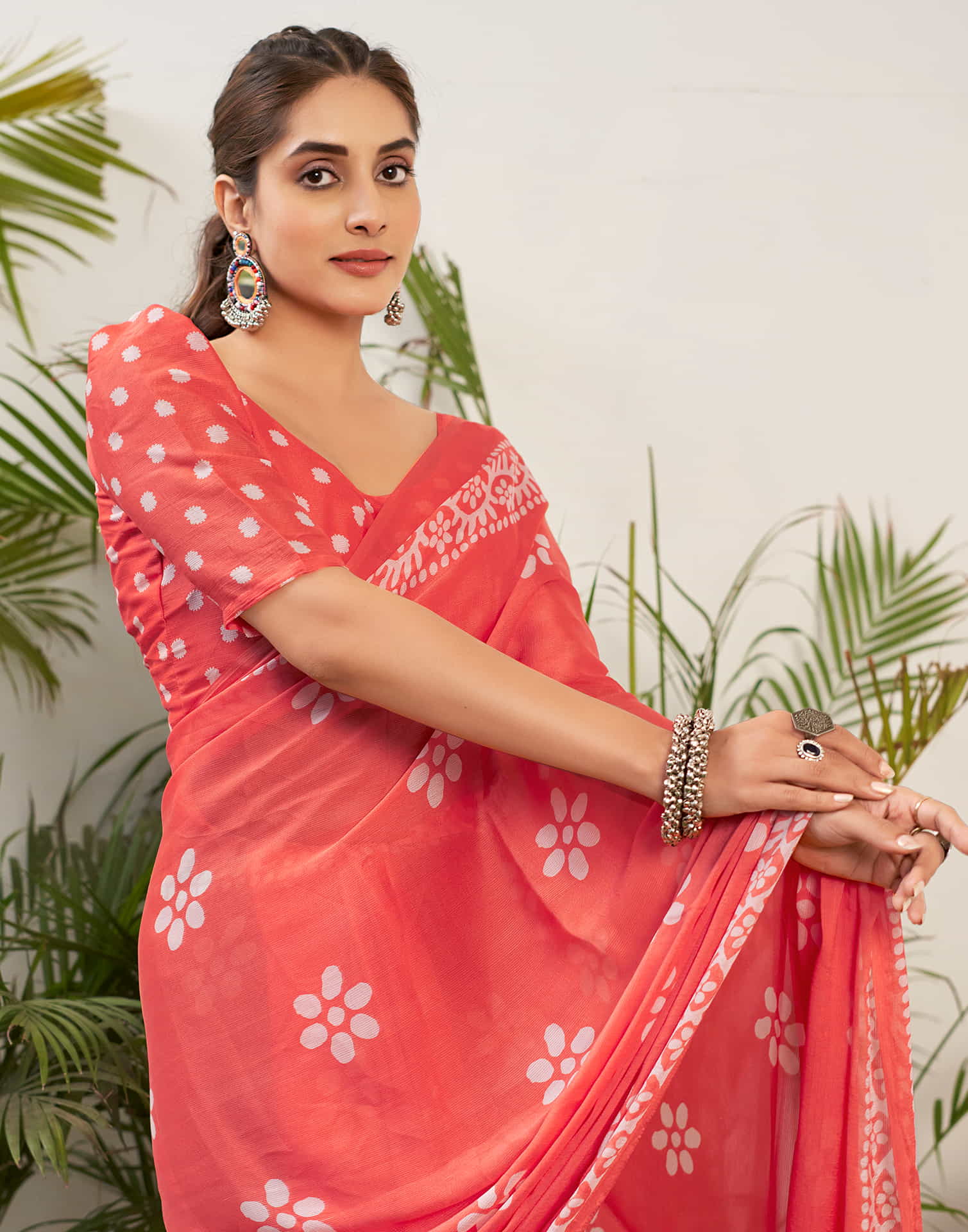 Light Red Chiffon Printed Saree